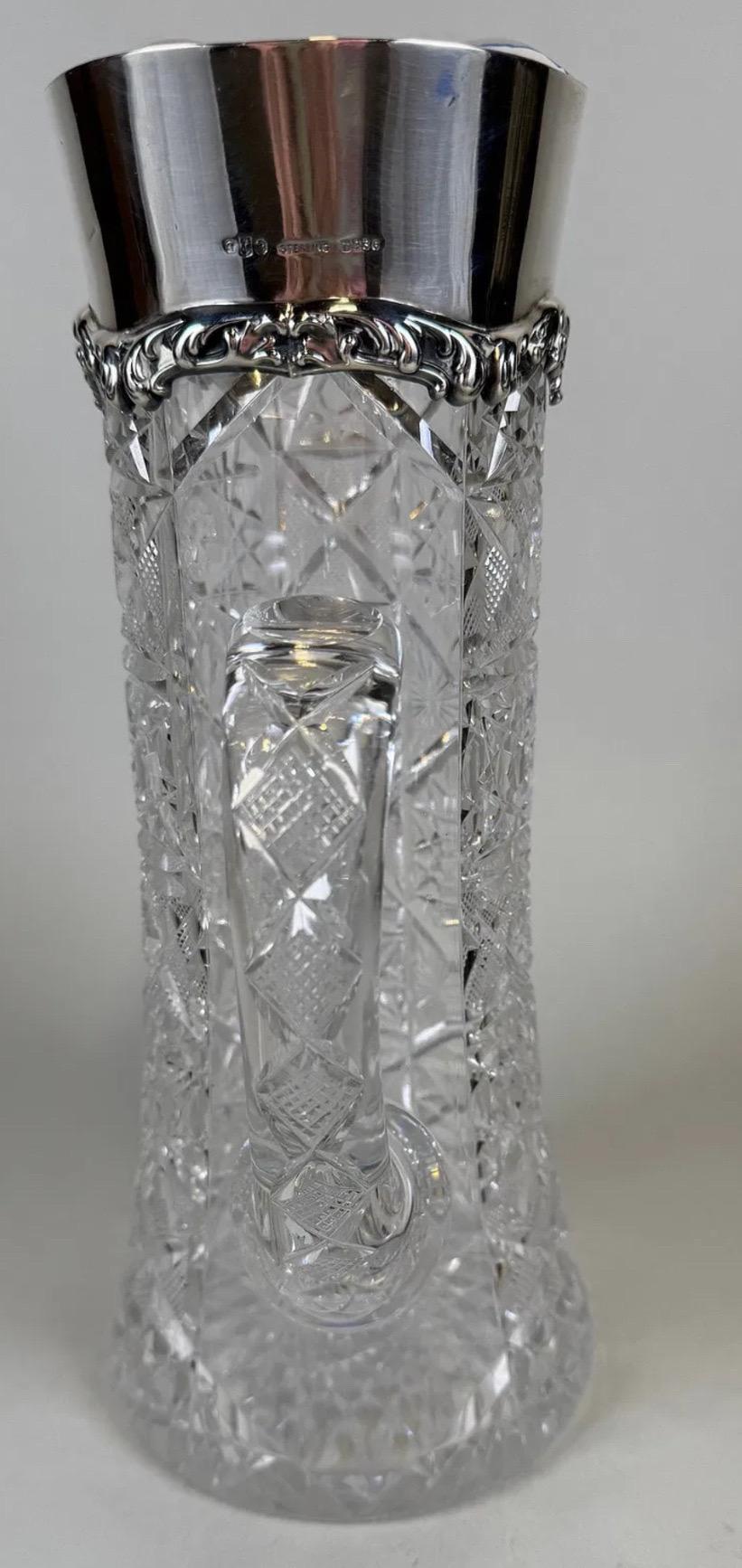 Faceted Wonderful Brilliant Cut Crystal Sterling Silver Water Pitcher Decanter Jug For Sale