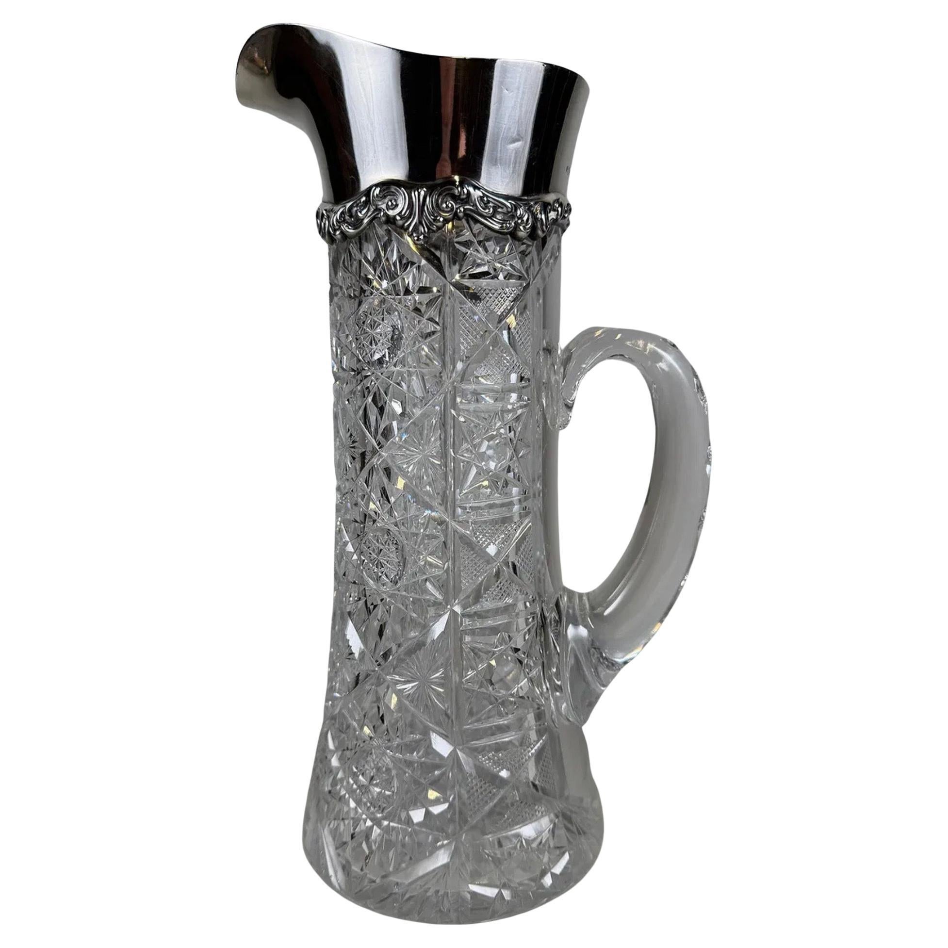 Meravigliosa brocca decantatrice d'acqua in cristallo tagliato a brillante e in argento sterling