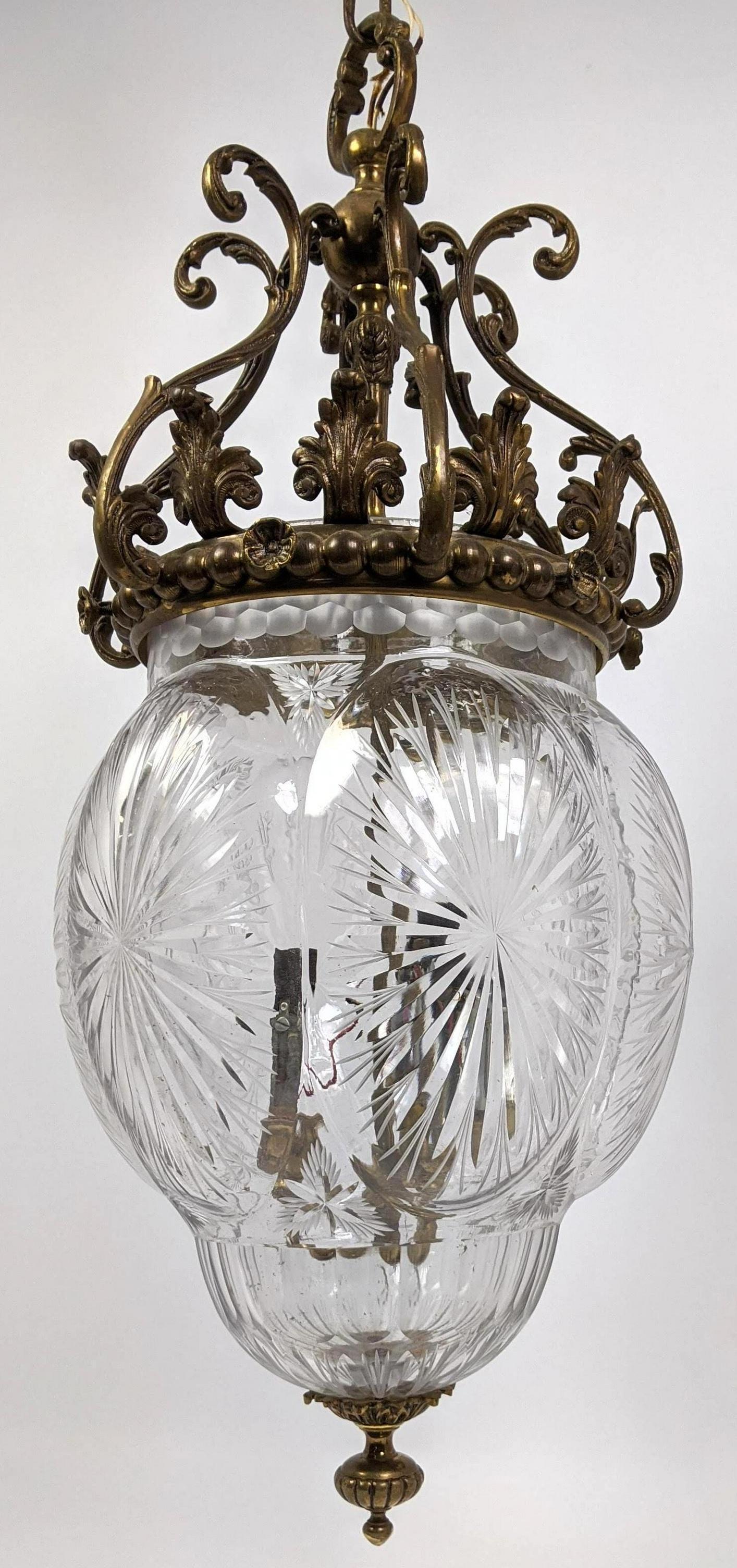Belle Époque Wonderful Bronze Cut Crystal Lantern Hanging Pendant Light Fixture Chandelier For Sale