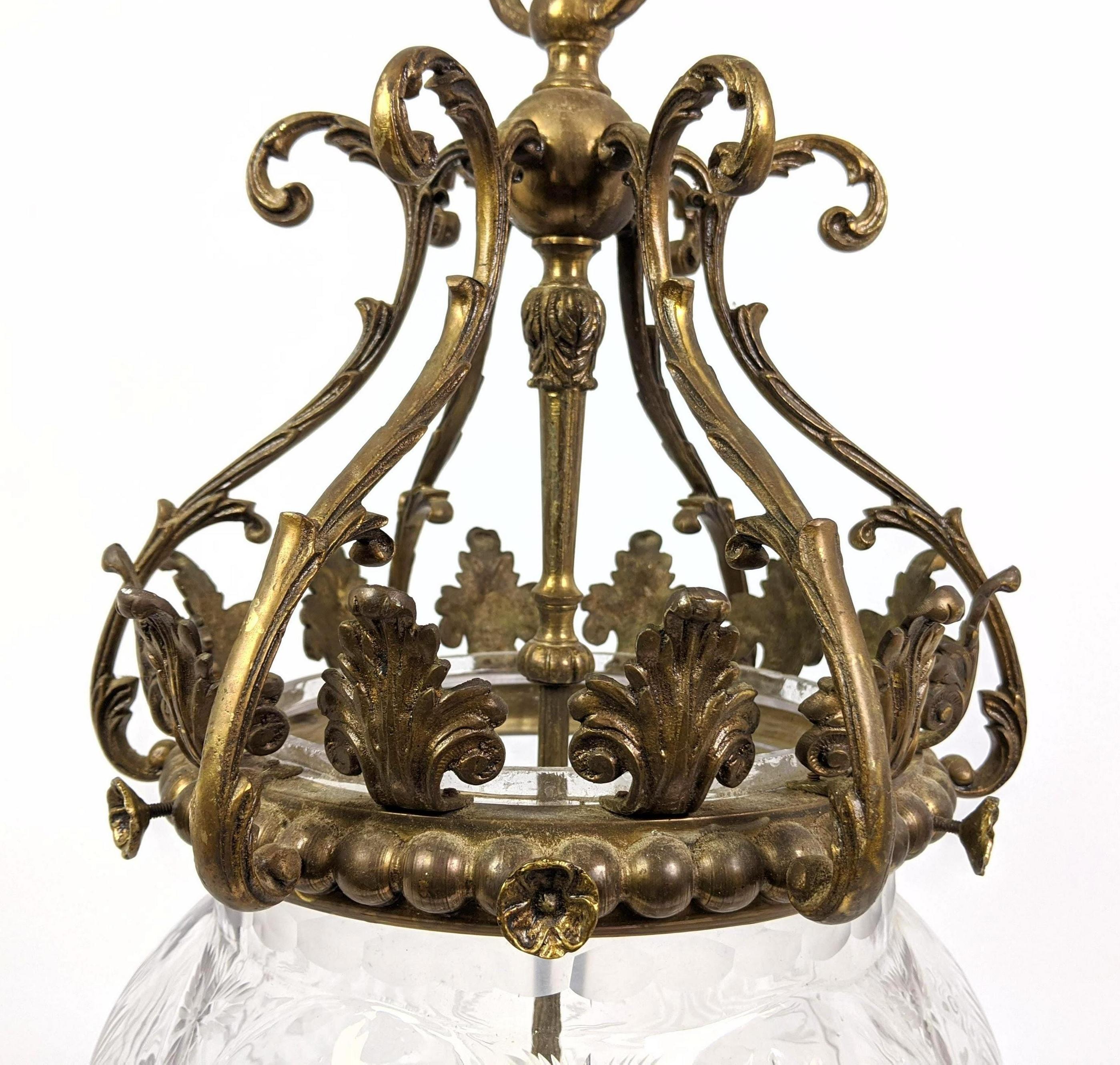 French Wonderful Bronze Cut Crystal Lantern Hanging Pendant Light Fixture Chandelier For Sale