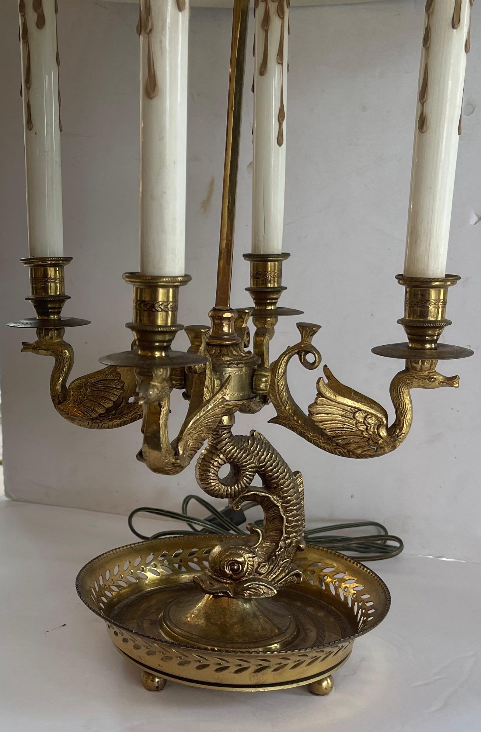 A Wonderful French Bronze Dolphin & Swan 4 Candelabra Light Painted Green Tole Metal Shade Large Bouillotte Empire / Regency Style Lamp
