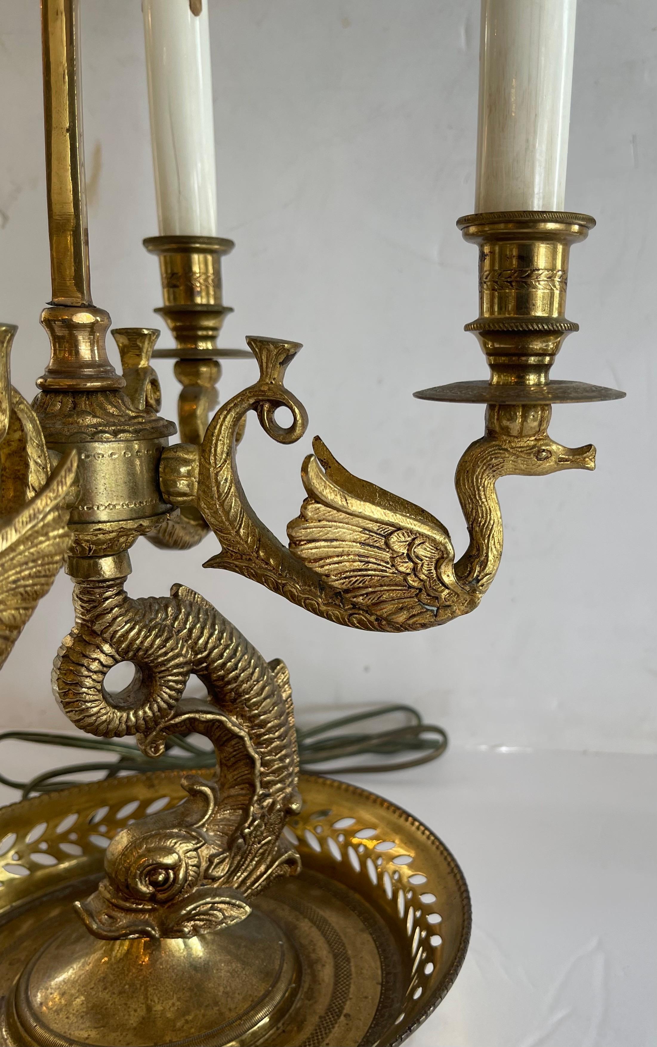 Hand-Painted Wonderful Bronze Dolphin & Swan Green Tole Large Bouillotte Empire Regency Lamp For Sale