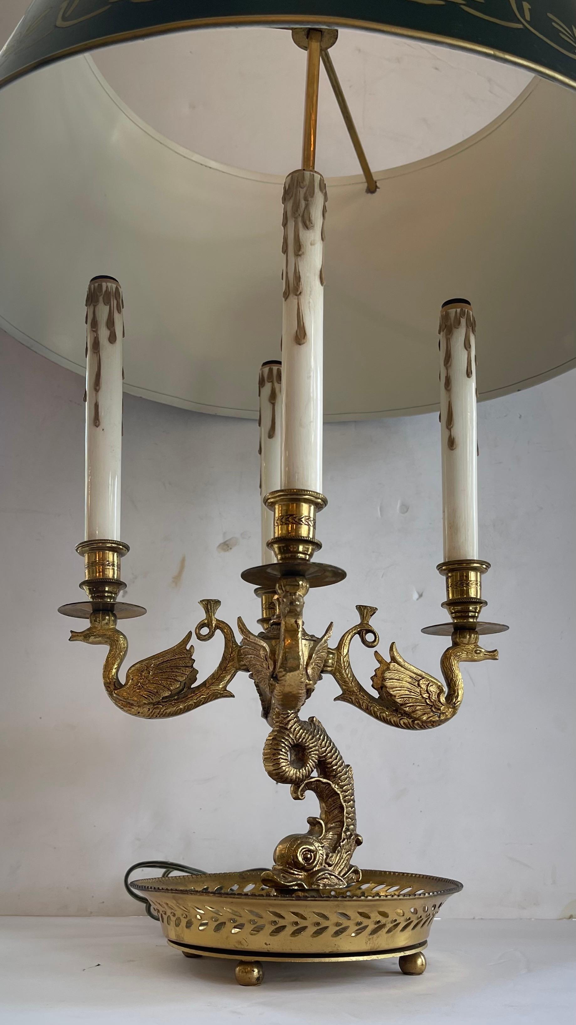 Wonderful Bronze Dolphin & Swan Green Tole Large Bouillotte Empire Regency Lamp In Good Condition For Sale In Roslyn, NY