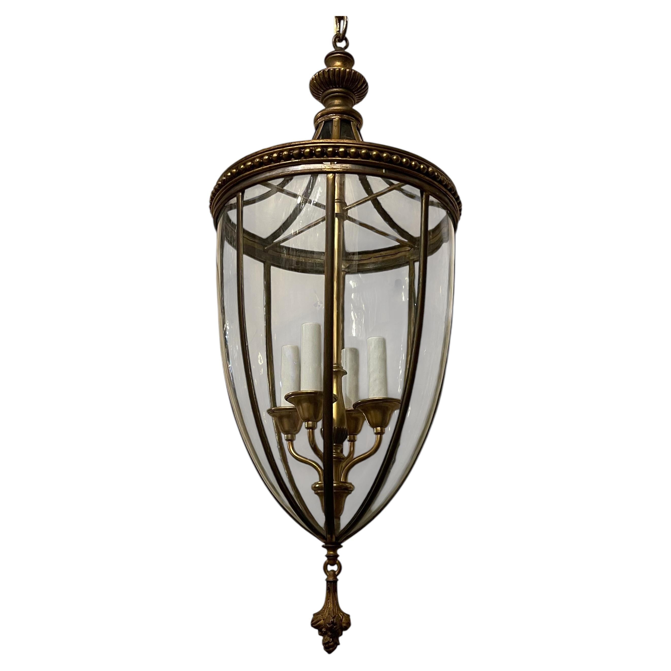 Wonderful Caldwell Bronze Panel Glass Regency Neoclassical Lantern Fixture For Sale