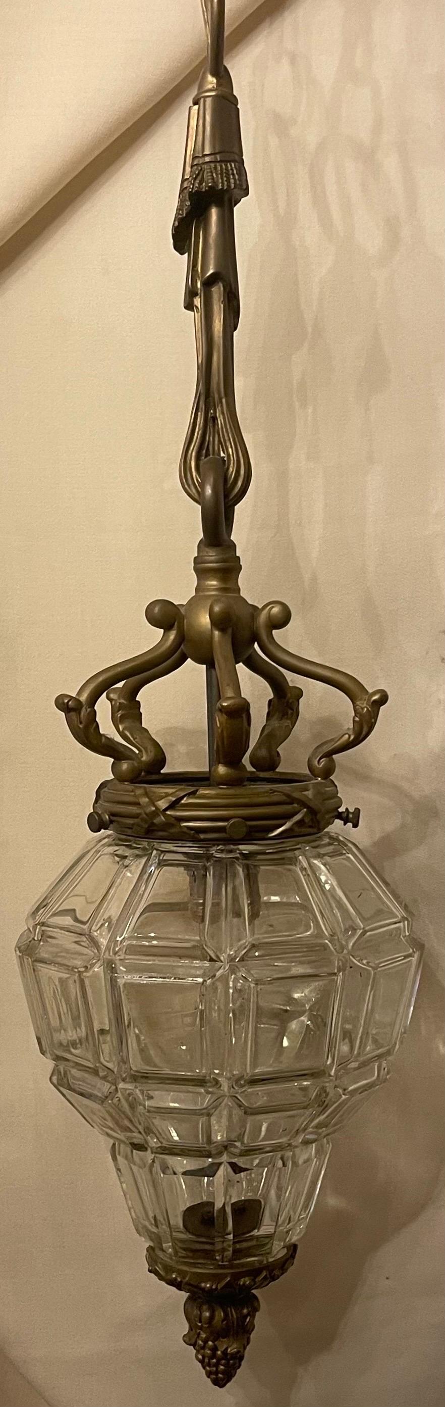 20th Century Wonderful Caldwell Bronze Tassel Beveled Panel Glass Lantern Fixture Pendent For Sale