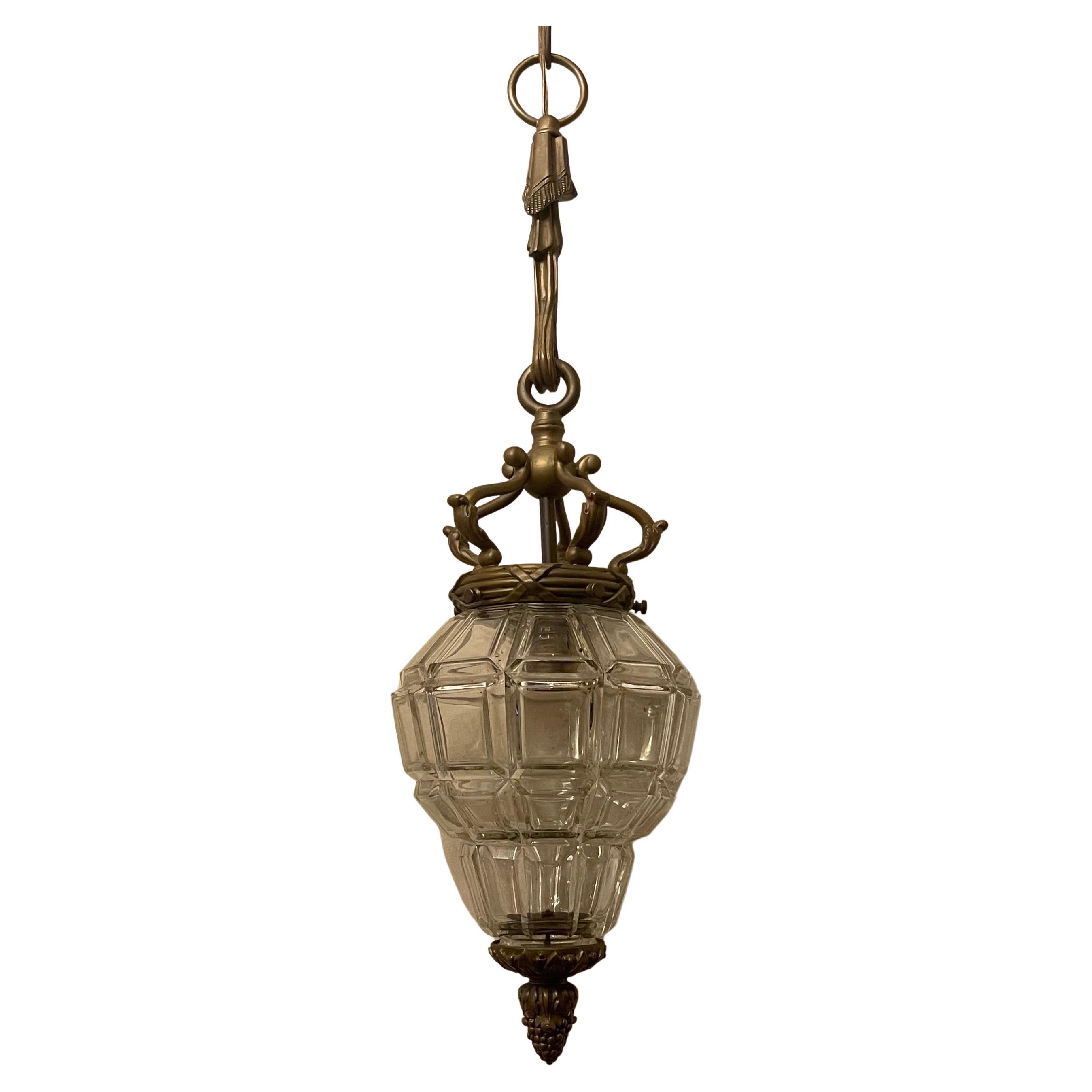 Wonderful Caldwell Bronze Tassel Beveled Panel Glass Lantern Fixture Pendent For Sale