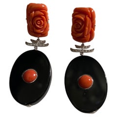 Wonderful Carved Coral Diamond 18K White Gold Black Jadeite Dangle Pair Earrings