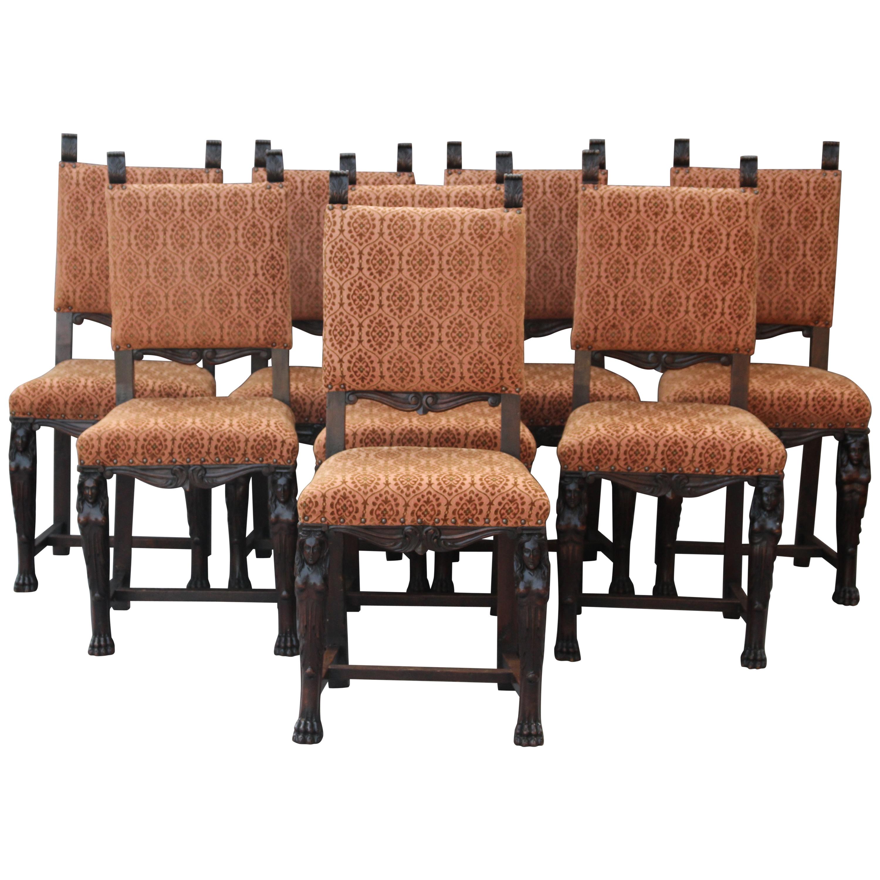 Wonderful Carved Walnut 1920s Set of Eight Spanish Revival Chairs