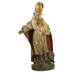 Antique 16th century Italian carved wooden polychromed statue of Saint Francis