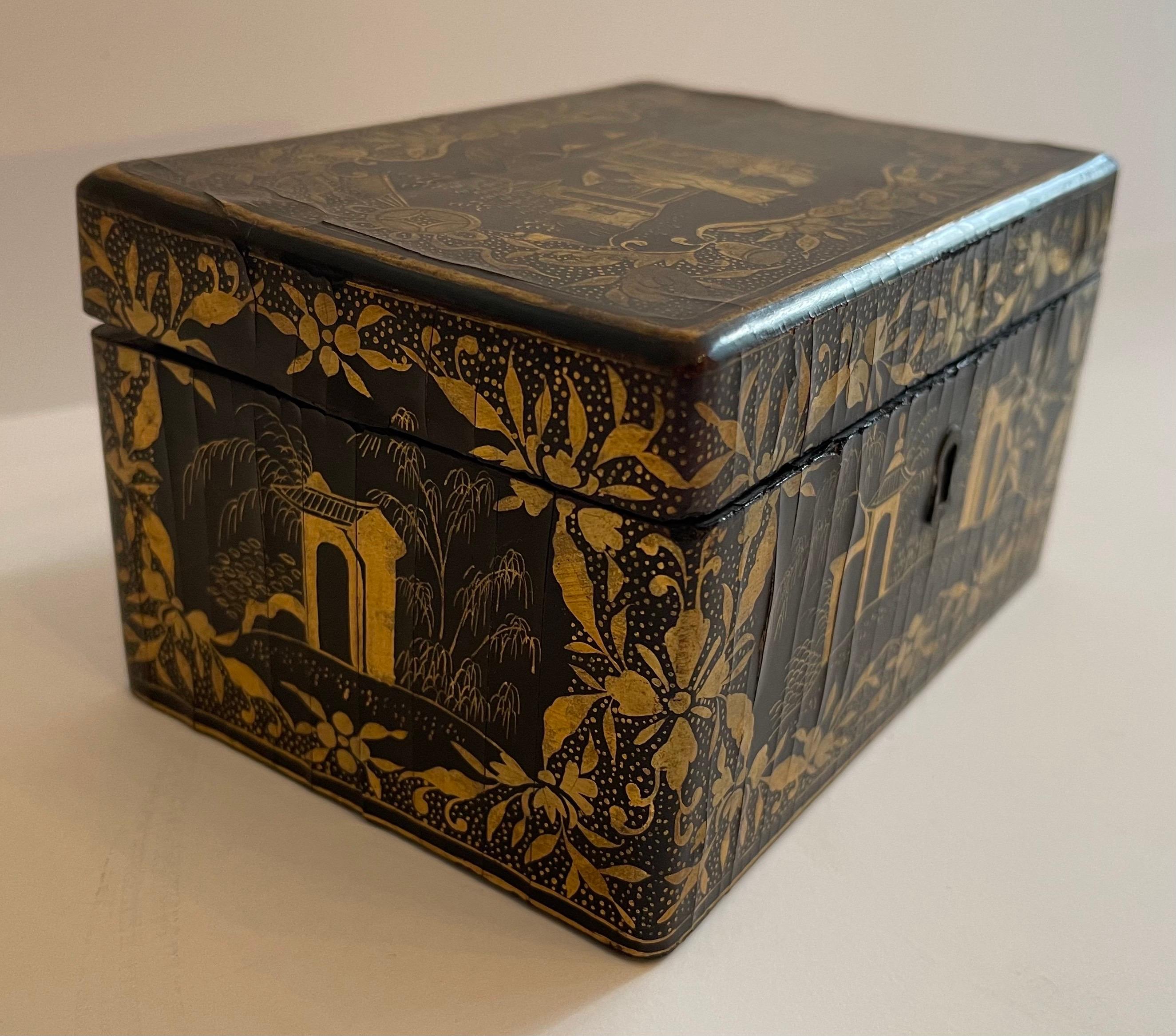 Hand-Painted Wonderful Chinoiserie Black Lacquered Hand Painted Jewelry Casket Keepsake Box