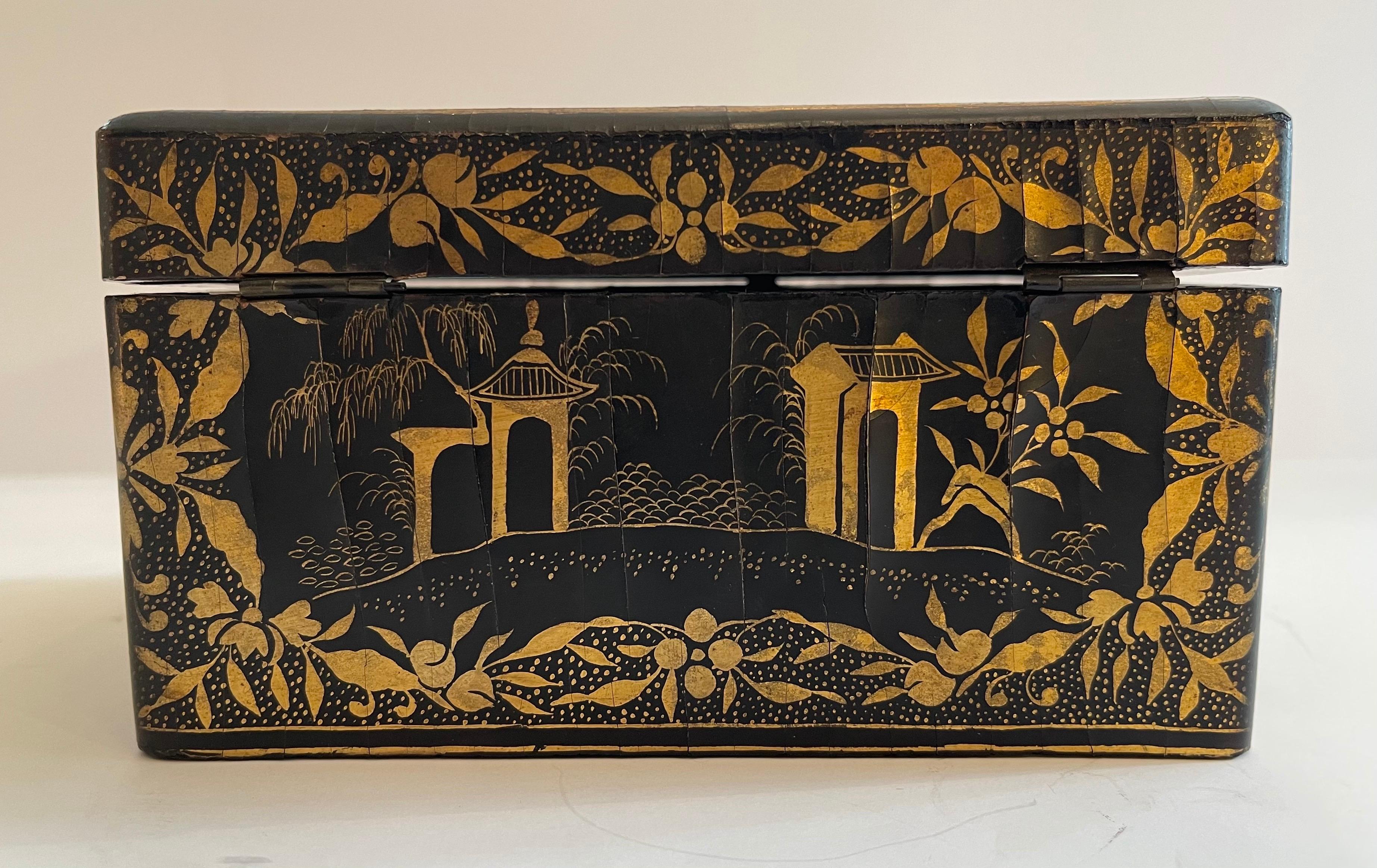 Giltwood Wonderful Chinoiserie Black Lacquered Hand Painted Jewelry Casket Keepsake Box