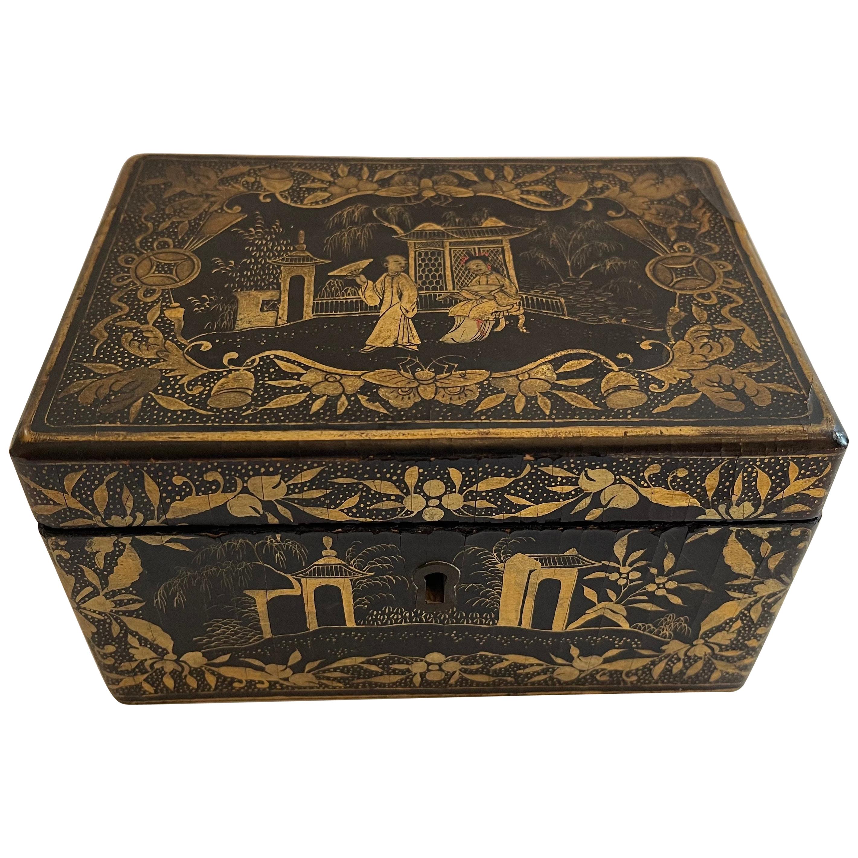 Wonderful Chinoiserie Black Lacquered Hand Painted Jewelry Casket Keepsake Box