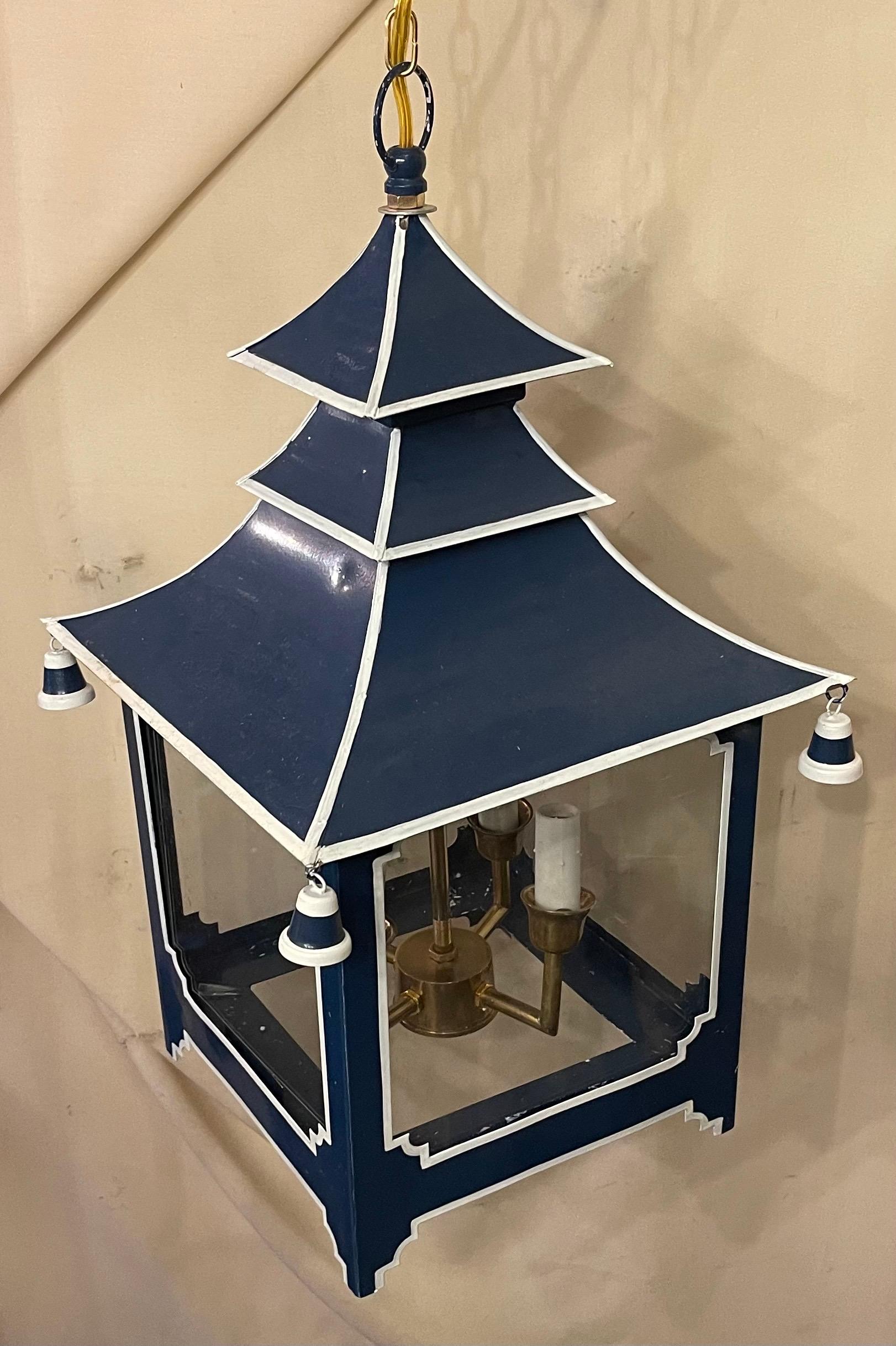 Painted Wonderful Chinoiserie Pagoda Cobalt Blue White Enameled Glass Lantern Fixture For Sale