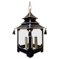 Wonderful Chinoiserie Pagoda Cobalt Blue White Enameled Glass Lantern Fixture