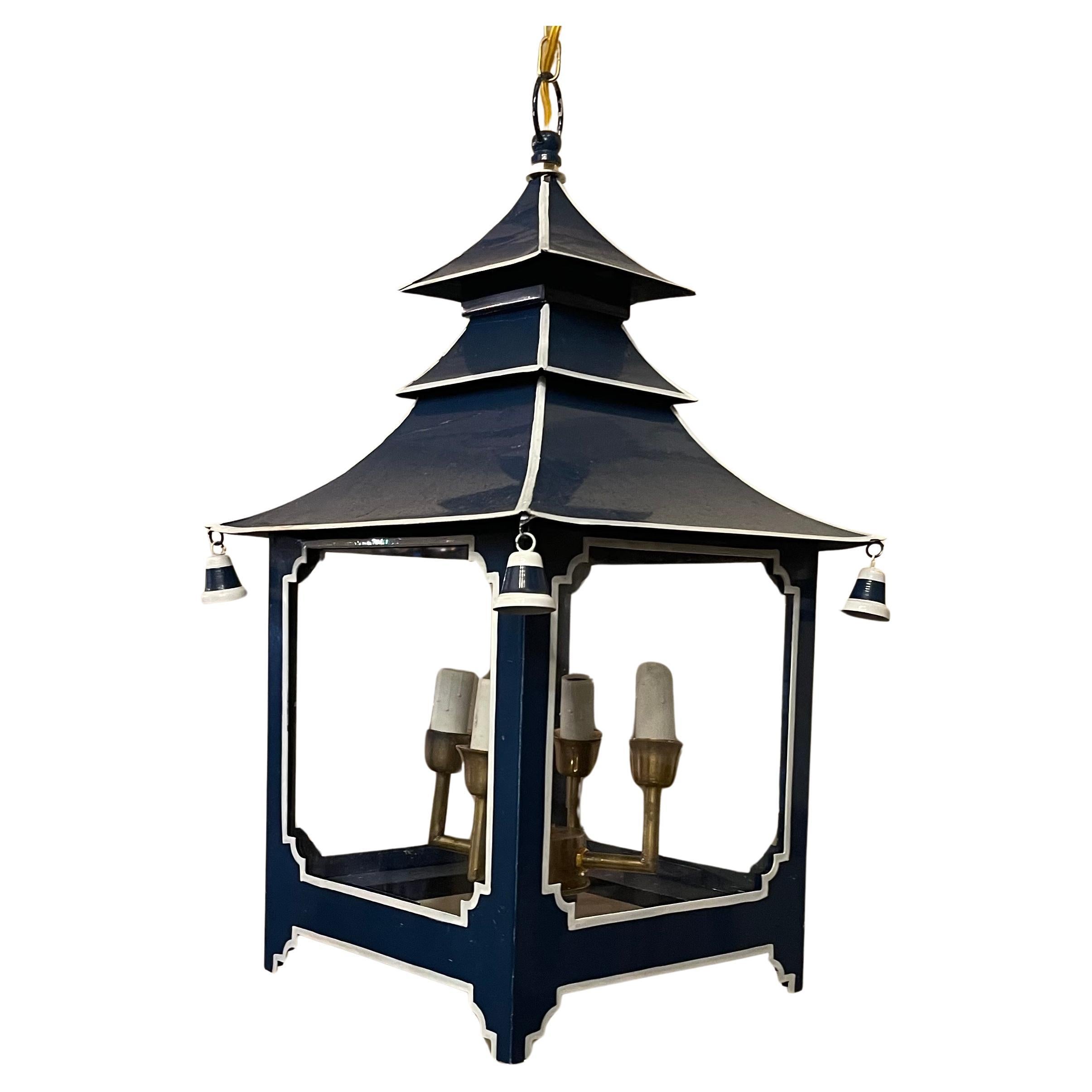 Wonderful Chinoiserie Pagoda Cobalt Blue White Enameled Glass Lantern Fixture