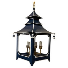 Vintage Wonderful Chinoiserie Pagoda Cobalt Blue White Enameled Glass Lantern Fixture