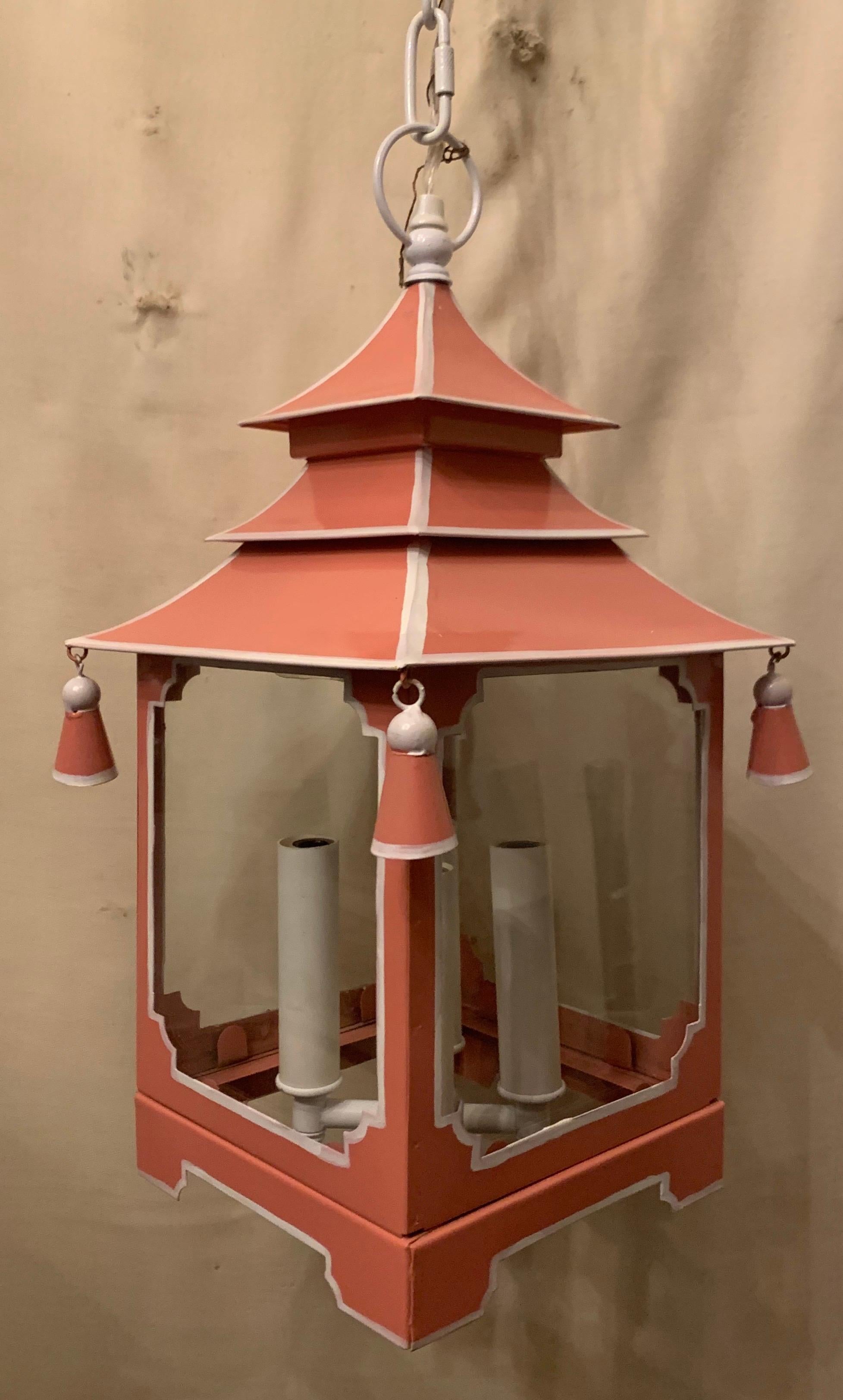 Chinoiserie Pagoda Salmon Pink and White Enameled Glass Lantern Fixture For Sale 4