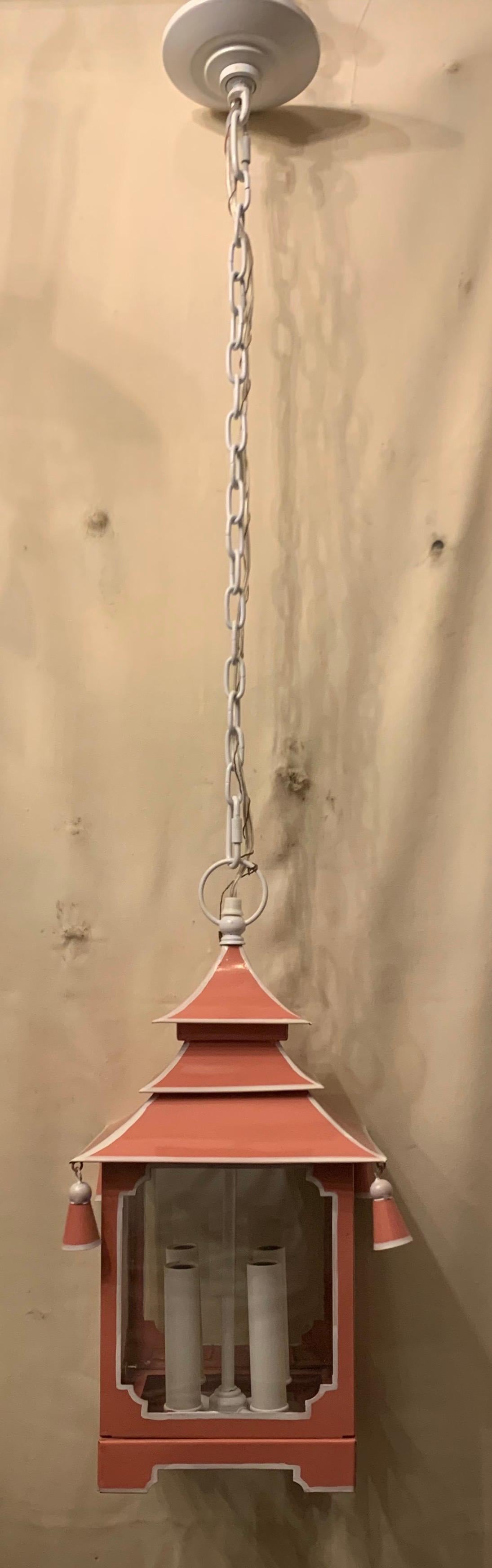 Chinoiserie Pagoda Salmon Pink and White Enameled Glass Lantern Fixture For Sale 5