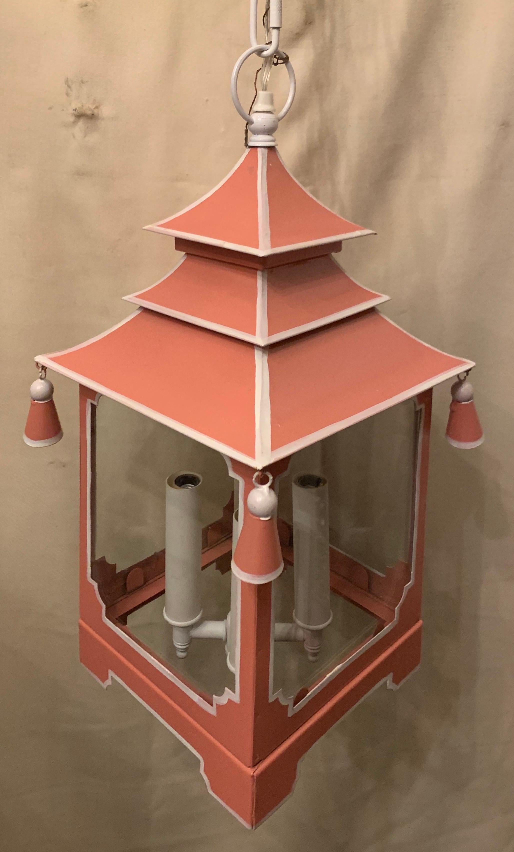 Painted Chinoiserie Pagoda Salmon Pink and White Enameled Glass Lantern Fixture For Sale