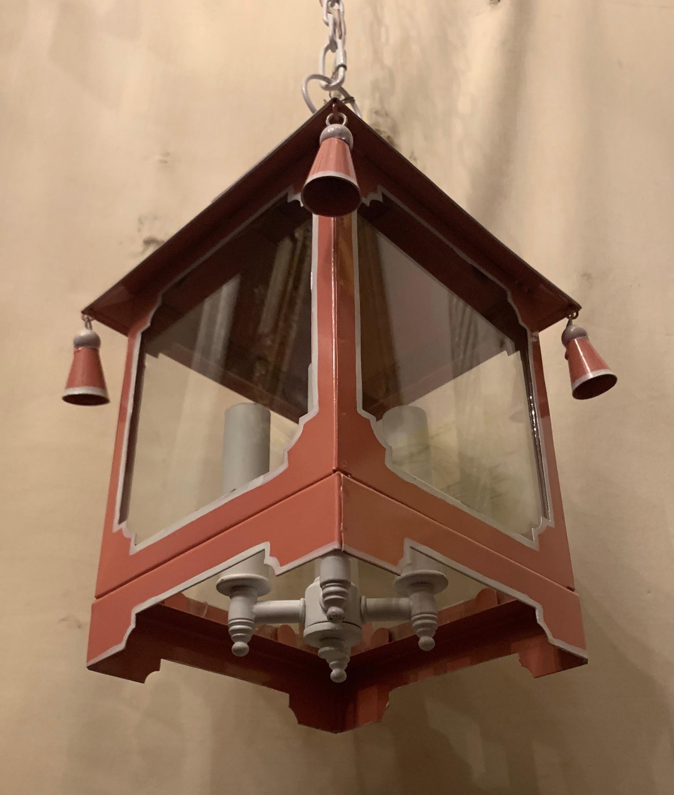 Chinoiserie Pagoda Salmon Pink and White Enameled Glass Lantern Fixture For Sale 1