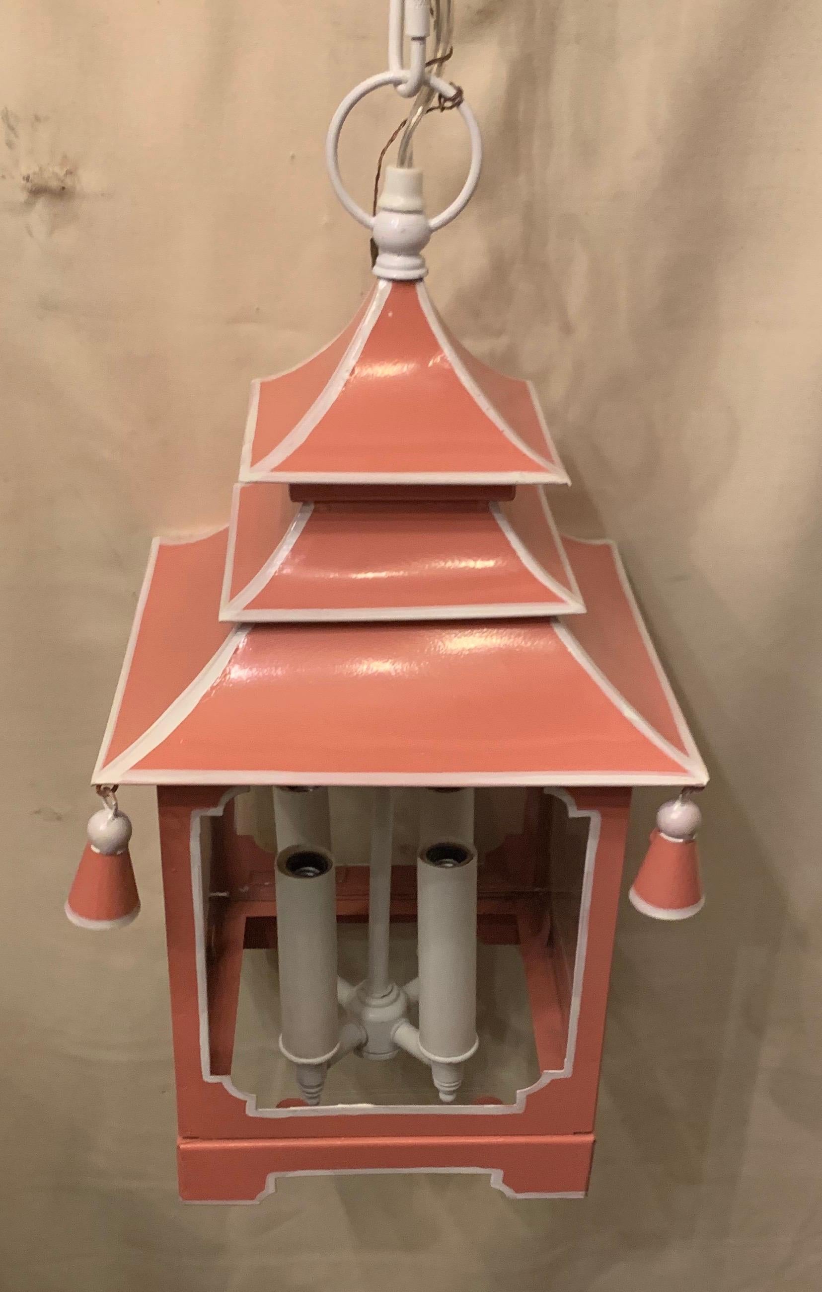 Chinoiserie Pagoda Salmon Pink and White Enameled Glass Lantern Fixture For Sale 3