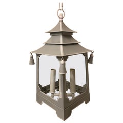 Wonderful Chinoiserie Pagoda Soft Grey and White Enameled Glass Lantern Fixture