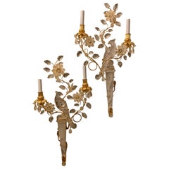 Wonderful Chinoiserie Rock Crystal Two-Arm Gilt Bird Parrot Flower Sconces, Pair