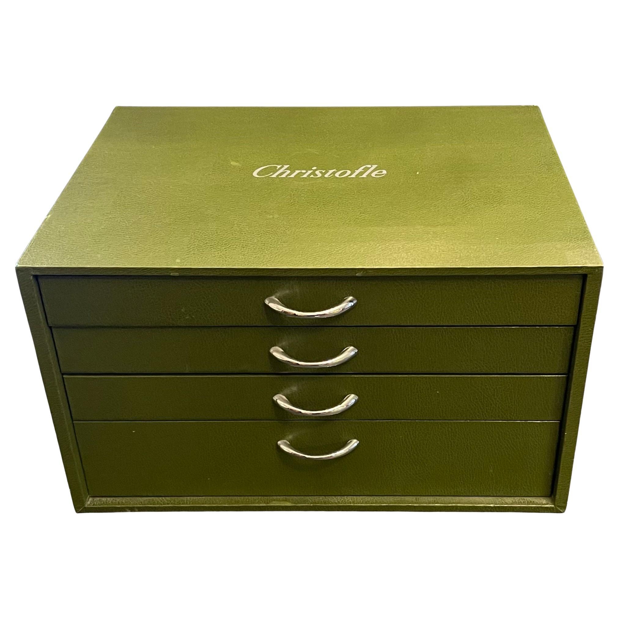 A Wonderful Christofle Marly Five Piece Place Setting Silver Plate Set Accompanied By 7 Large Serving Pieces And Two Bowls With Glass Liners Housed In A Beautiful Large 4 Drawer Green Christofle Case