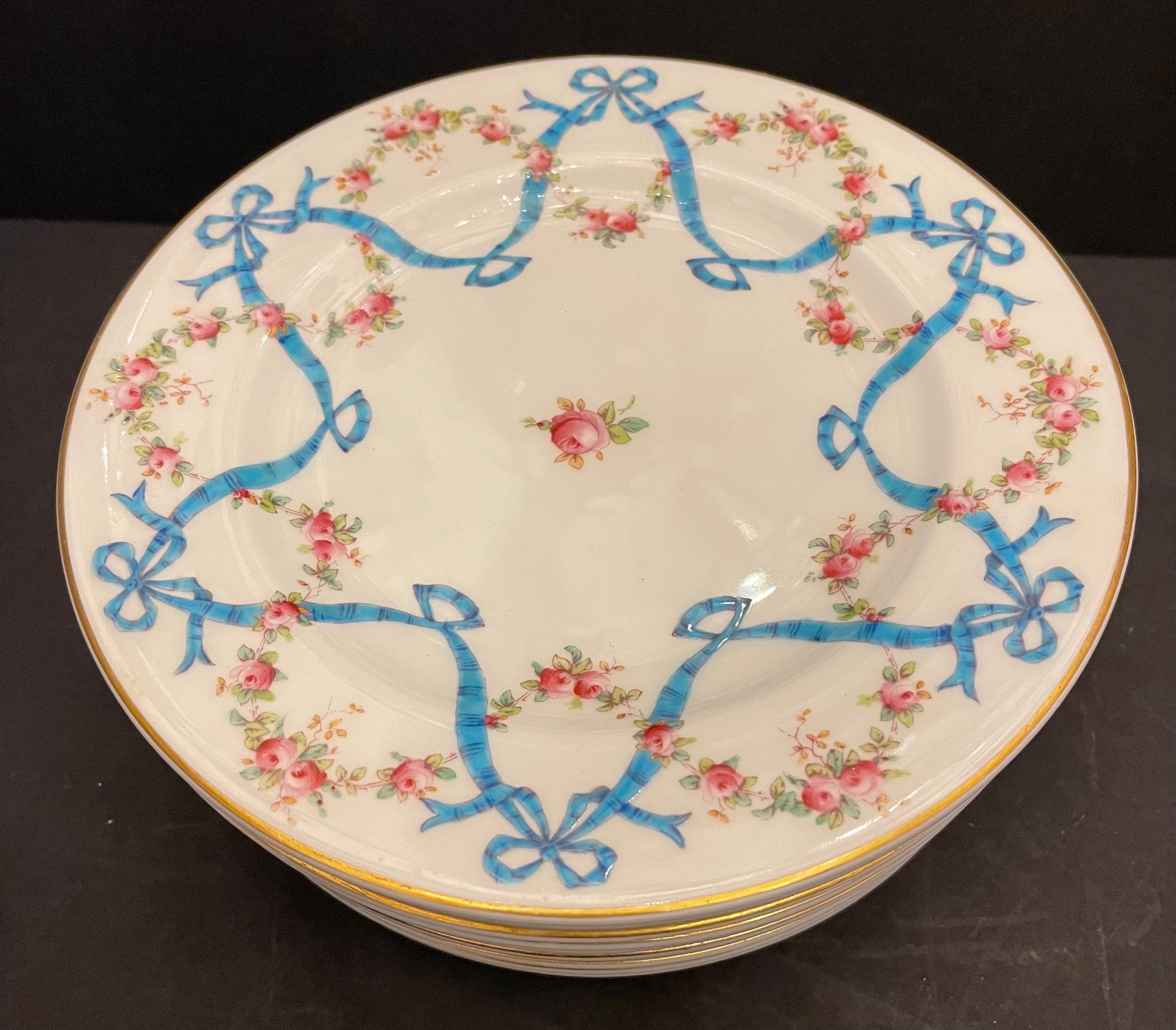 Wonderful Coalport England Turquise Bows And Roses & Flower Swags Raised Enameled Set Of 10 Desert Plates, Retailed By J.E. Caldwell.
 