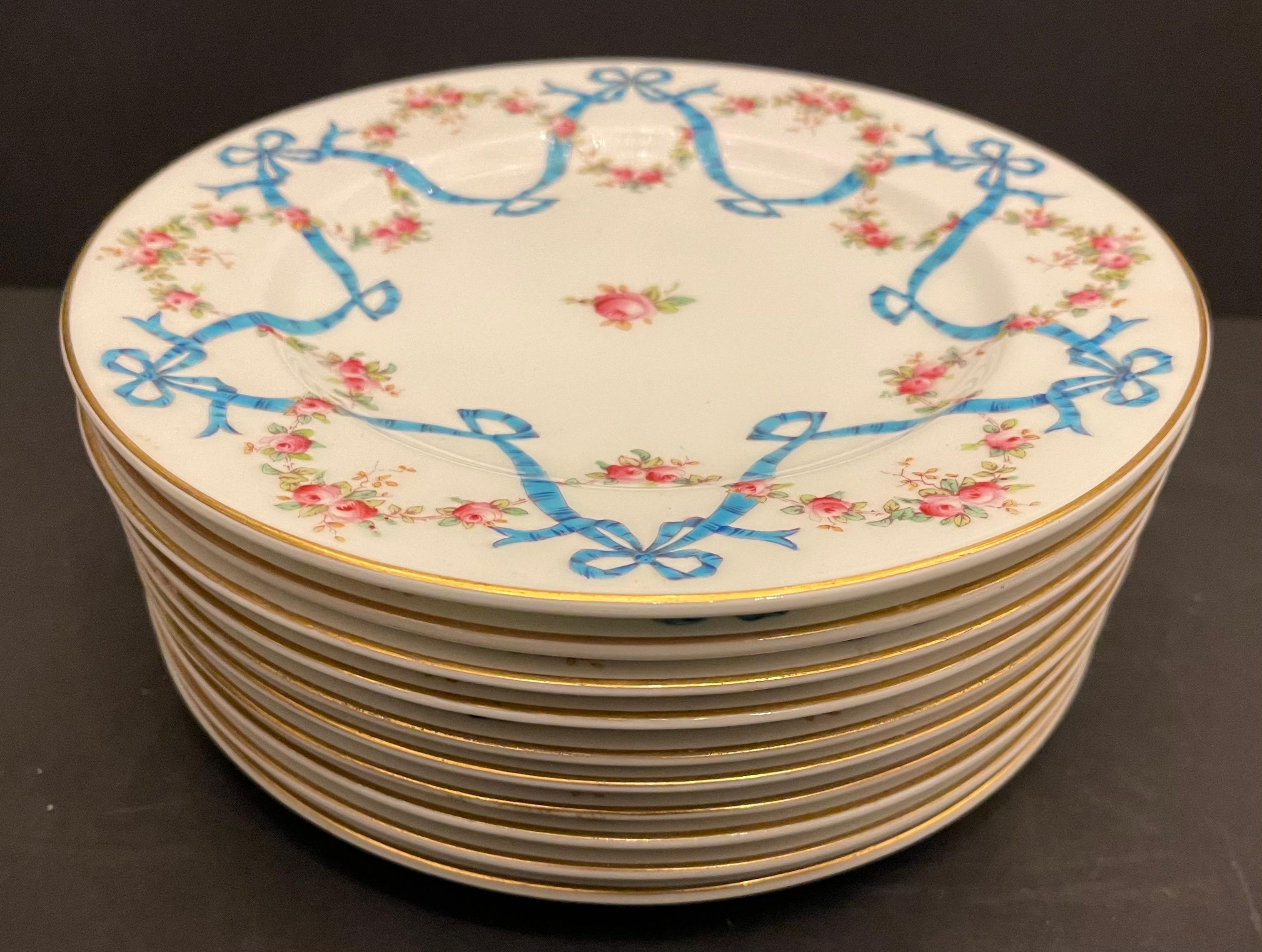 Belle Époque Wonderful Coalport England Turquise Bows Roses Flower Swags Raised Enamel Plates