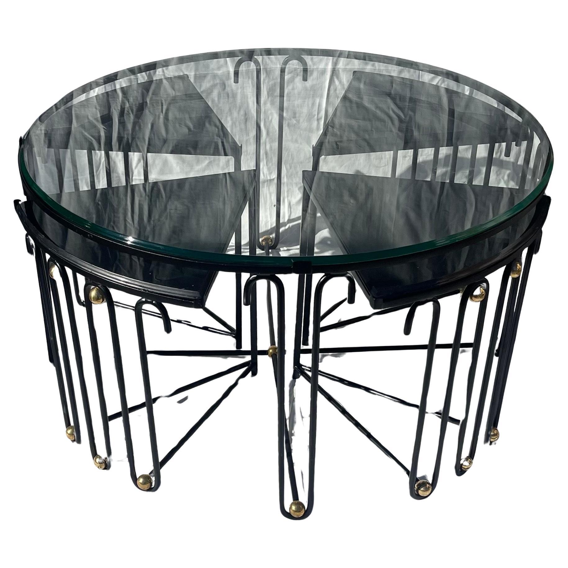 A Wonderful Coffee / Cocktail Table With Clear Glass Top And 4 Triangular Inset Tuck Under Side Tables With Black Top, And Black Enamel Paint Accented By Round Brass Balls