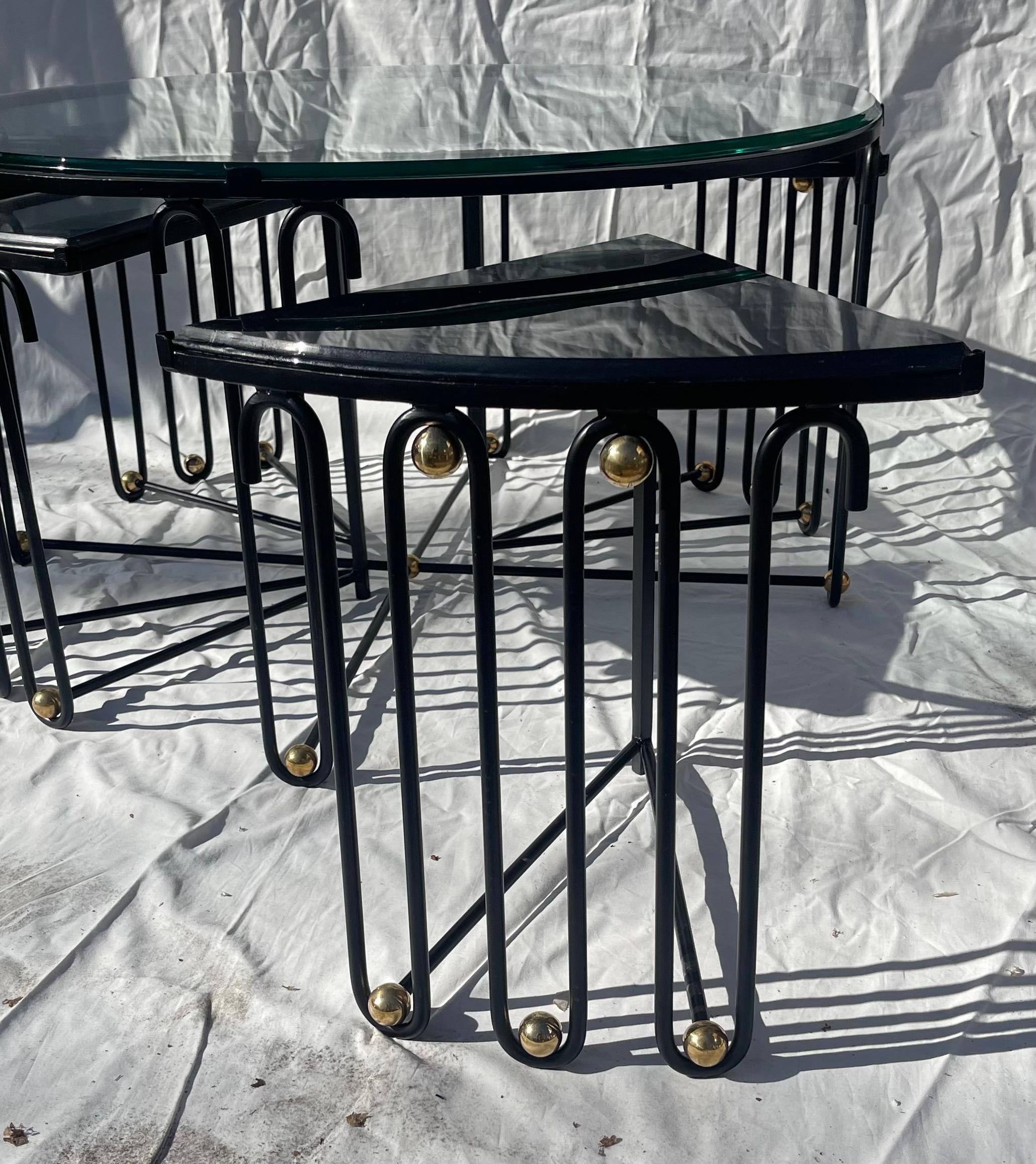 Wonderful Coffee Cocktail Table Glass Black Enamel Brass Ball Manner Royère In Good Condition For Sale In Roslyn, NY