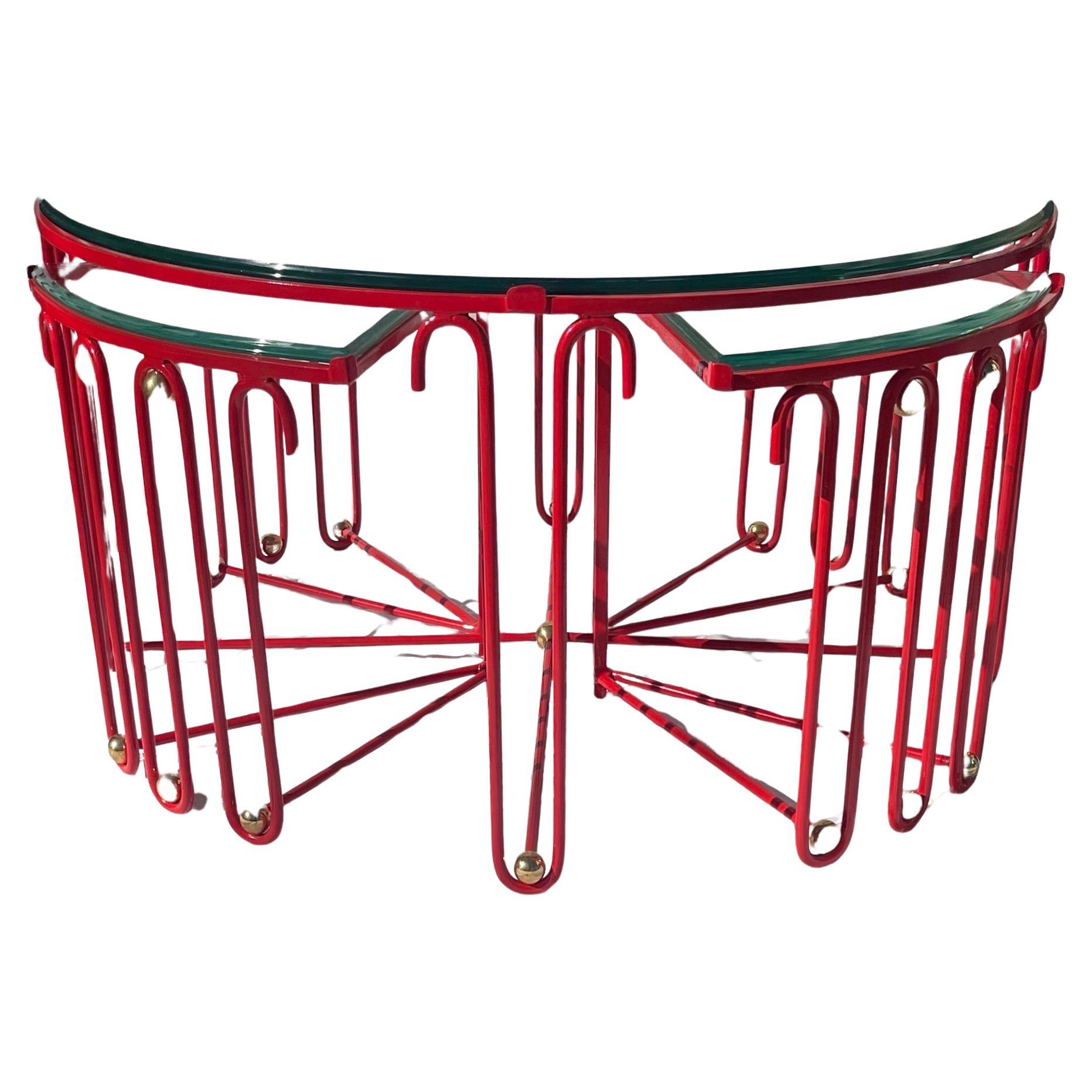 A Wonderful Coffee / Cocktail Table With Clear Glass Top And 4 Triangular Inset Tuck Under Side Tables With Red Enamel Paint And Round Brass Ball Accents