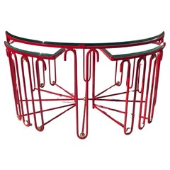 Wonderful Coffee Cocktail Table Glass Red Enamel Brass Ball Manner Royère