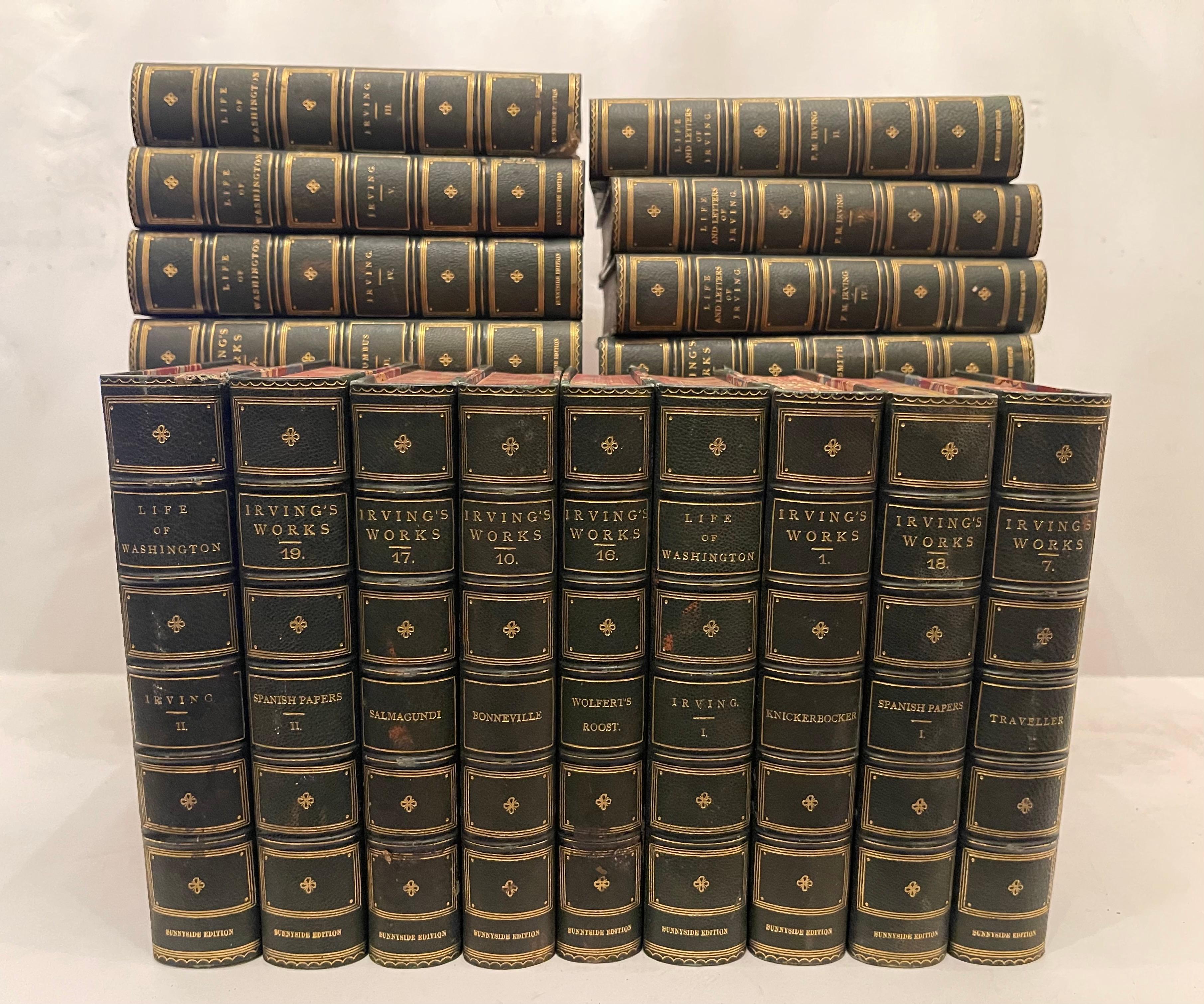 Une merveilleuse Collectional des œuvres et de la vie d'Irving dans une reliure en cuir vert avec dorure, 27 livres qui seraient parfaits pour une bibliothèque.