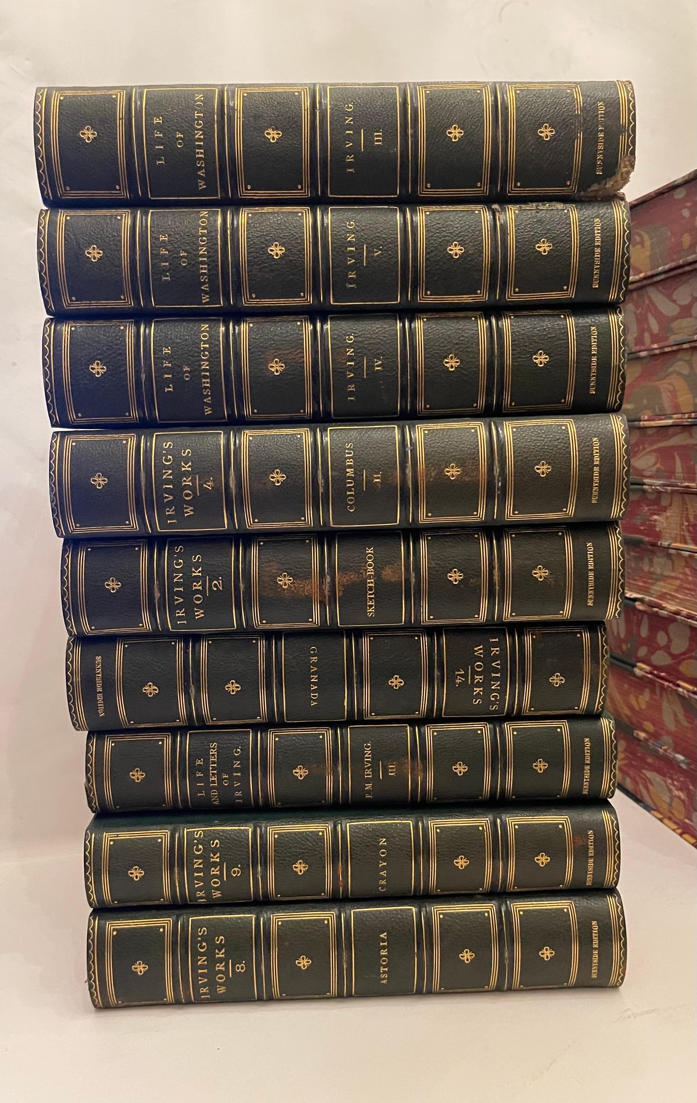 Merveilleuse collection Irving's Works en cuir vert doré relié 27 livres Bon état - En vente à Roslyn, NY