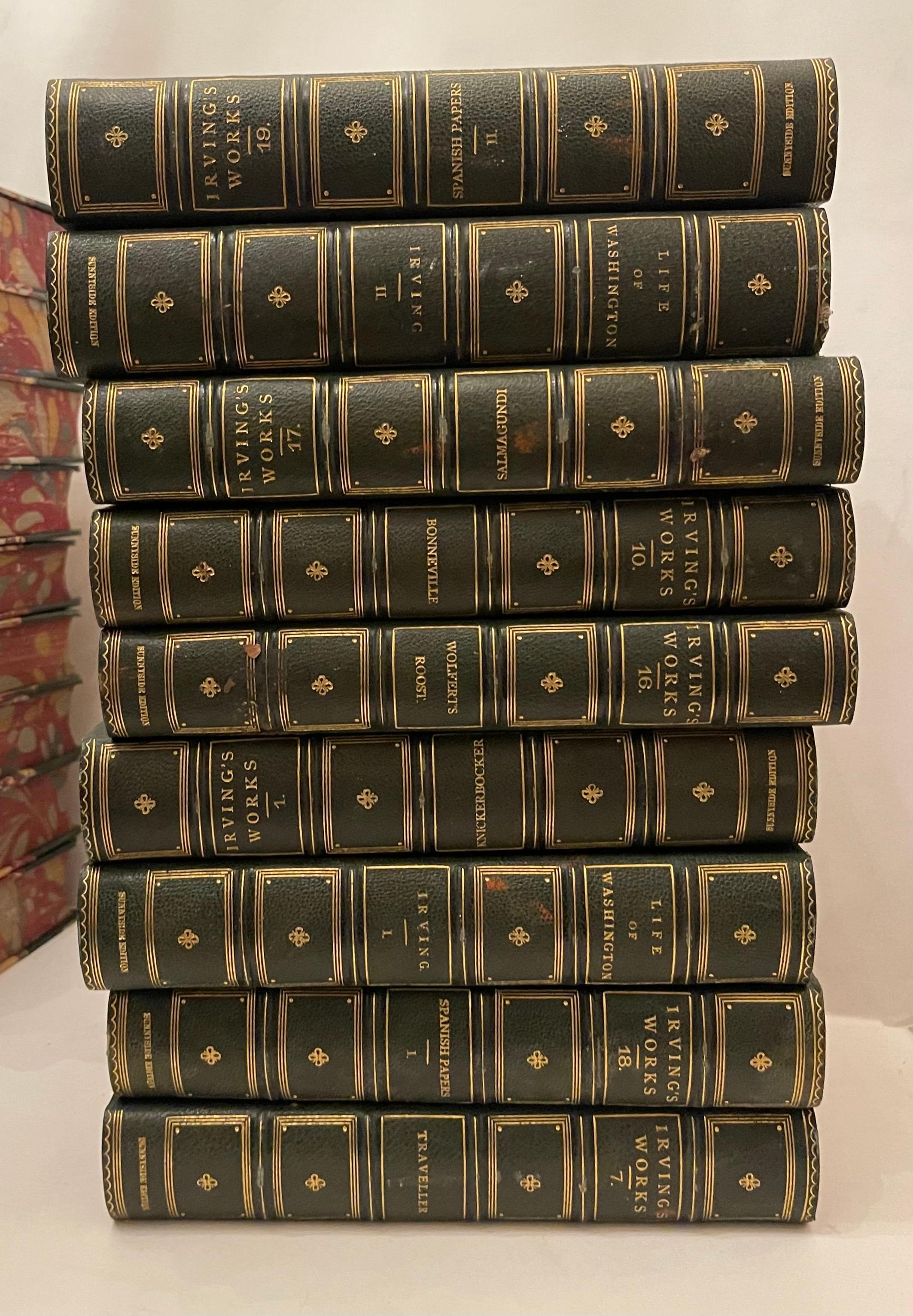 20ième siècle Merveilleuse collection Irving's Works en cuir vert doré relié 27 livres en vente