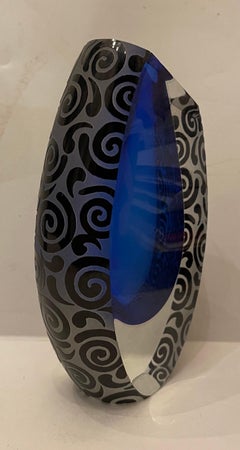 Wonderful Correia Art Glass Cobalt Blue Black Tuxedo Etched Modern Vase