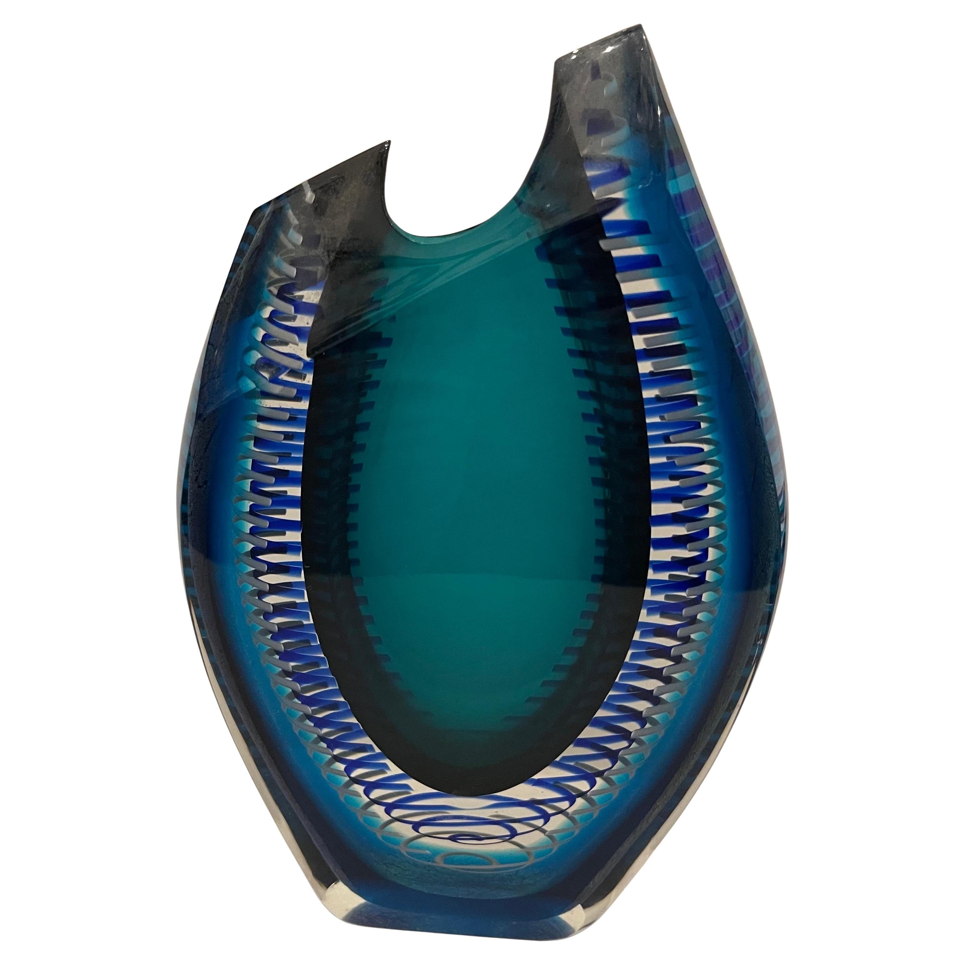 Wonderful Correia Art Glass Cobalt Blue Emerald Green Clear Etched Modern Vase