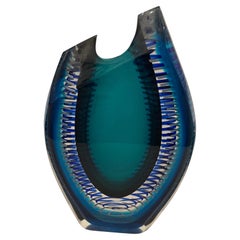 Wonderful Correia Art Glass Cobalt Blue Emerald Green Clear Etched Modern Vase
