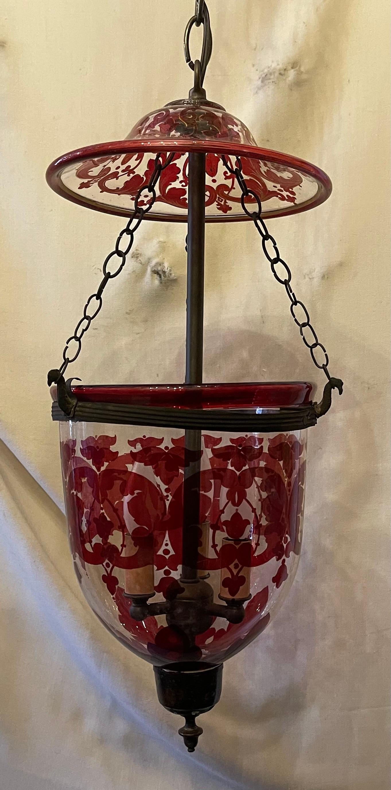 A Wonderful Cranberry Red & Clear Glass Bell Jar Lantern Light Fixture Pendent With 3 Candelabra Sockets On The Interior, Accompanied By Chain Canopy And Mounting Hardware 