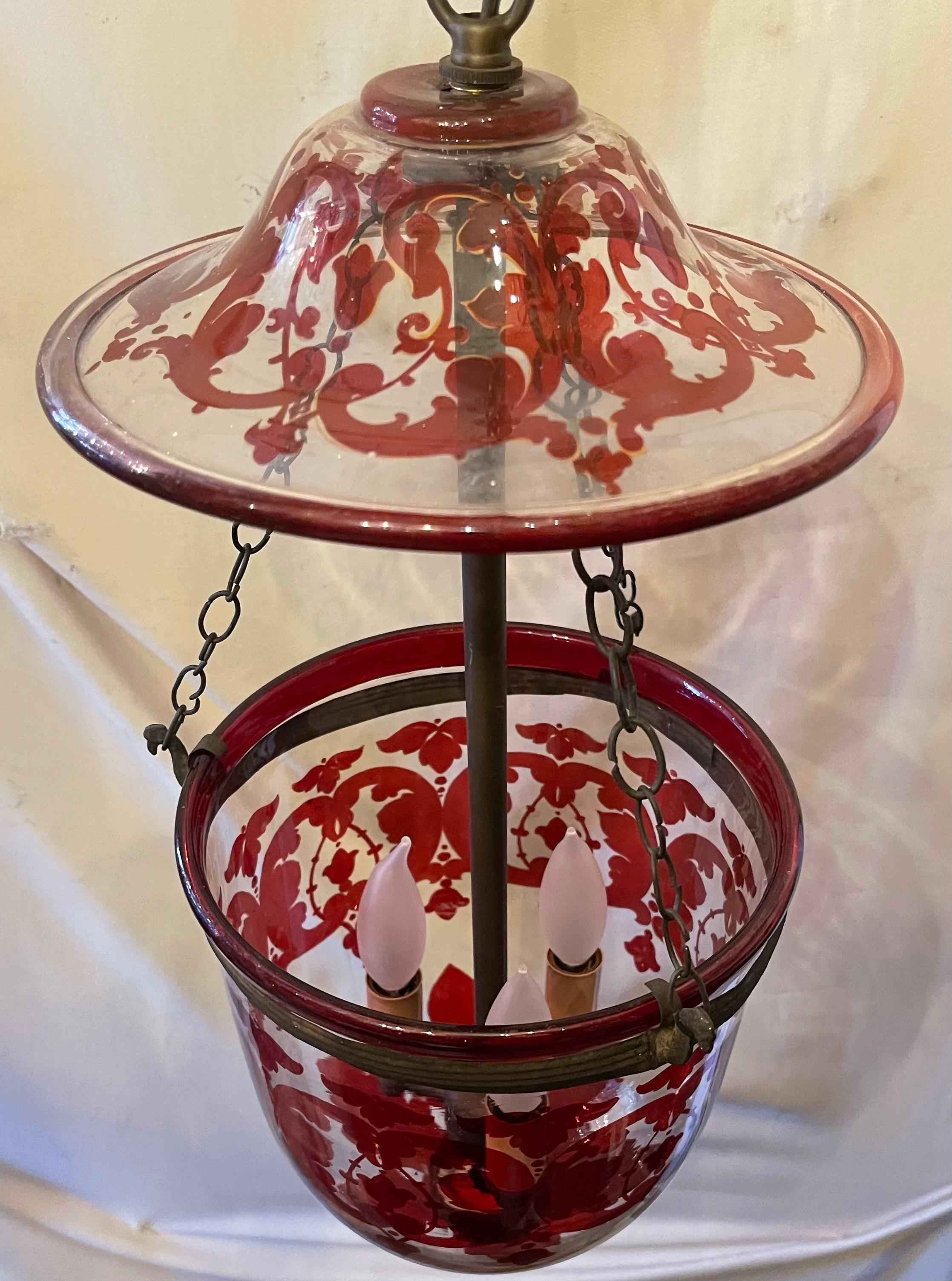 Wonderful Cranberry Red Clear Glass Bell Jar Lantern Light Fixture Pendent  In Good Condition For Sale In Roslyn, NY