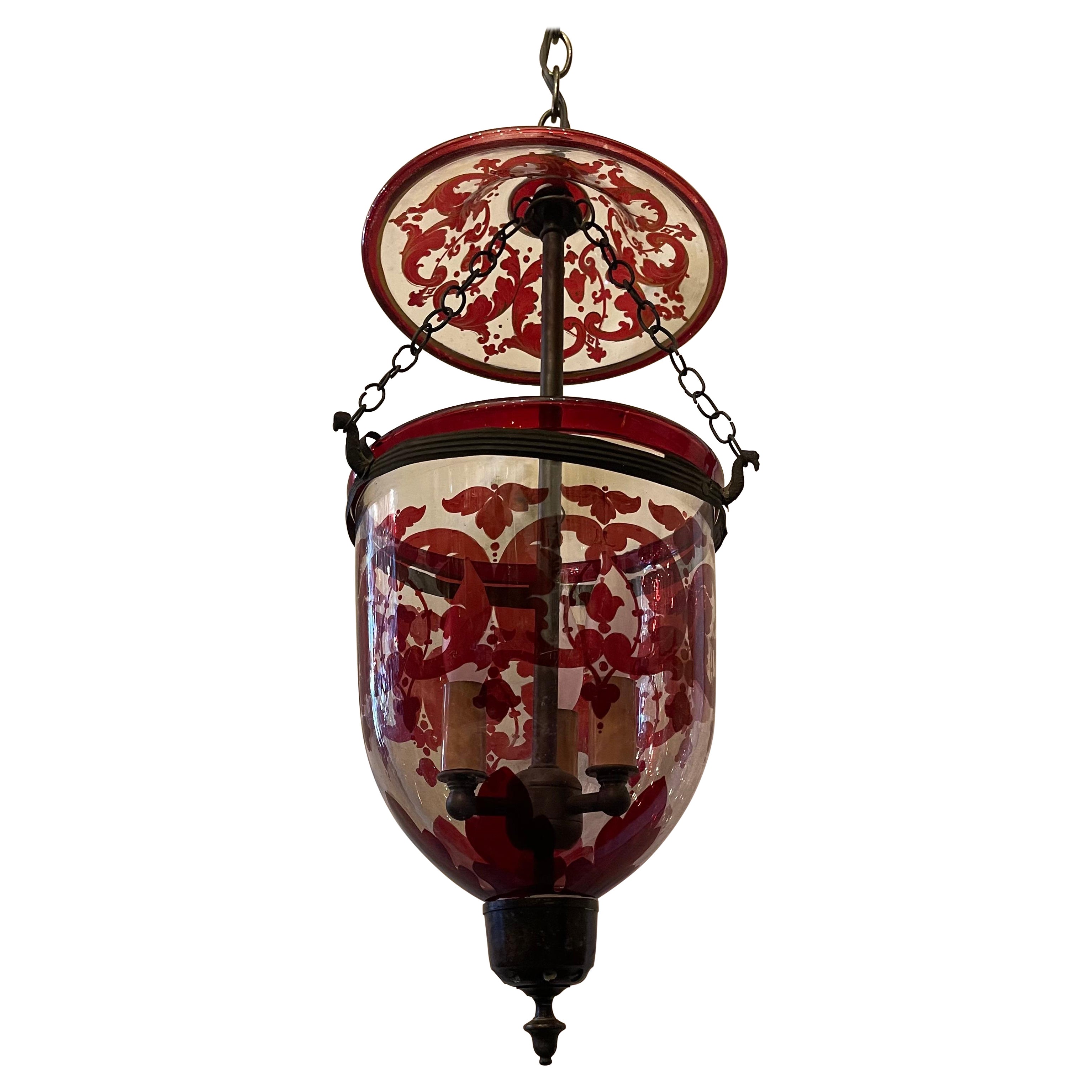 Wonderful Cranberry Red Clear Glass Bell Jar Lantern Light Fixture Pendent