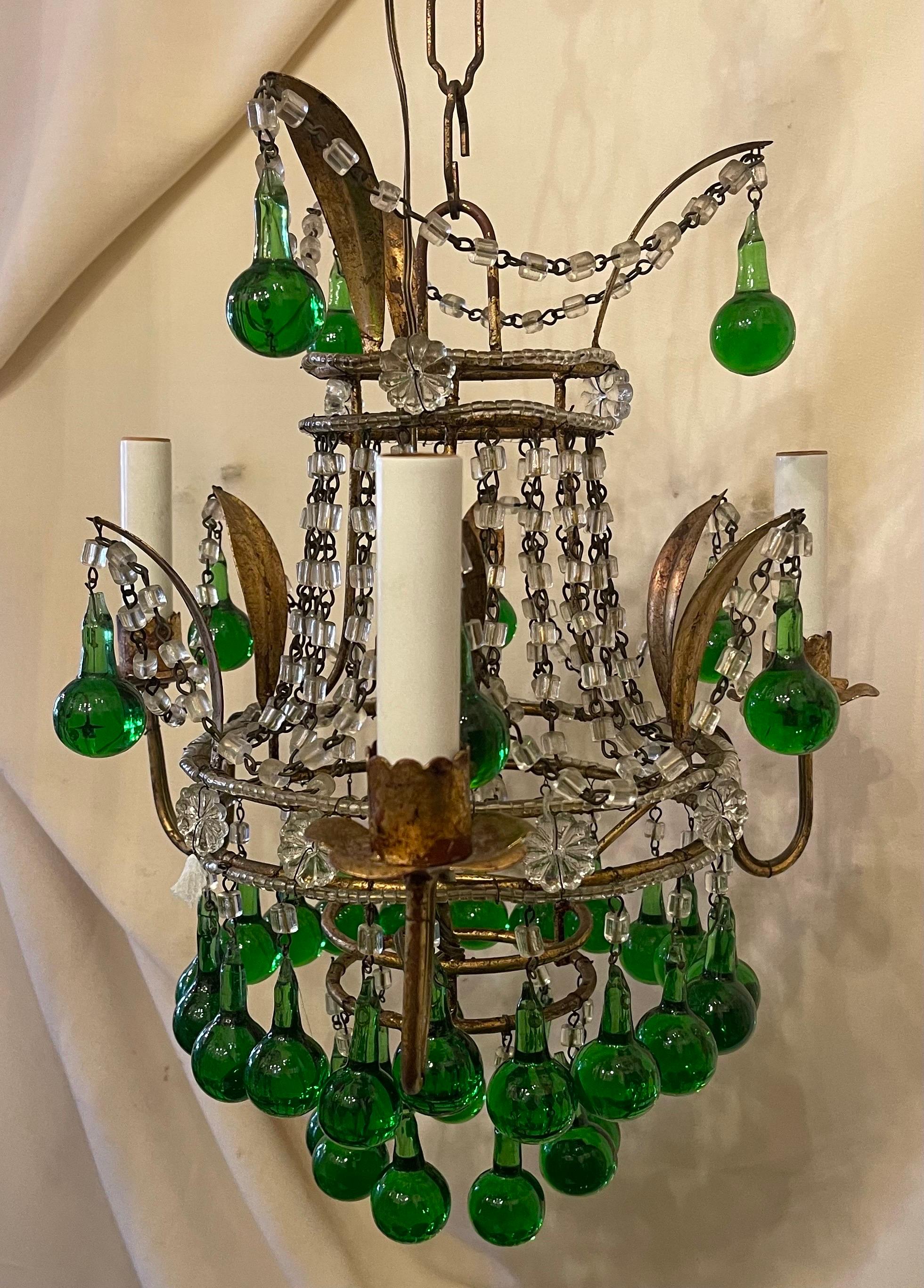 Wonderful Crystal Beaded Emerald Green Italian Petite Chandelier Fixture In Good Condition For Sale In Roslyn, NY