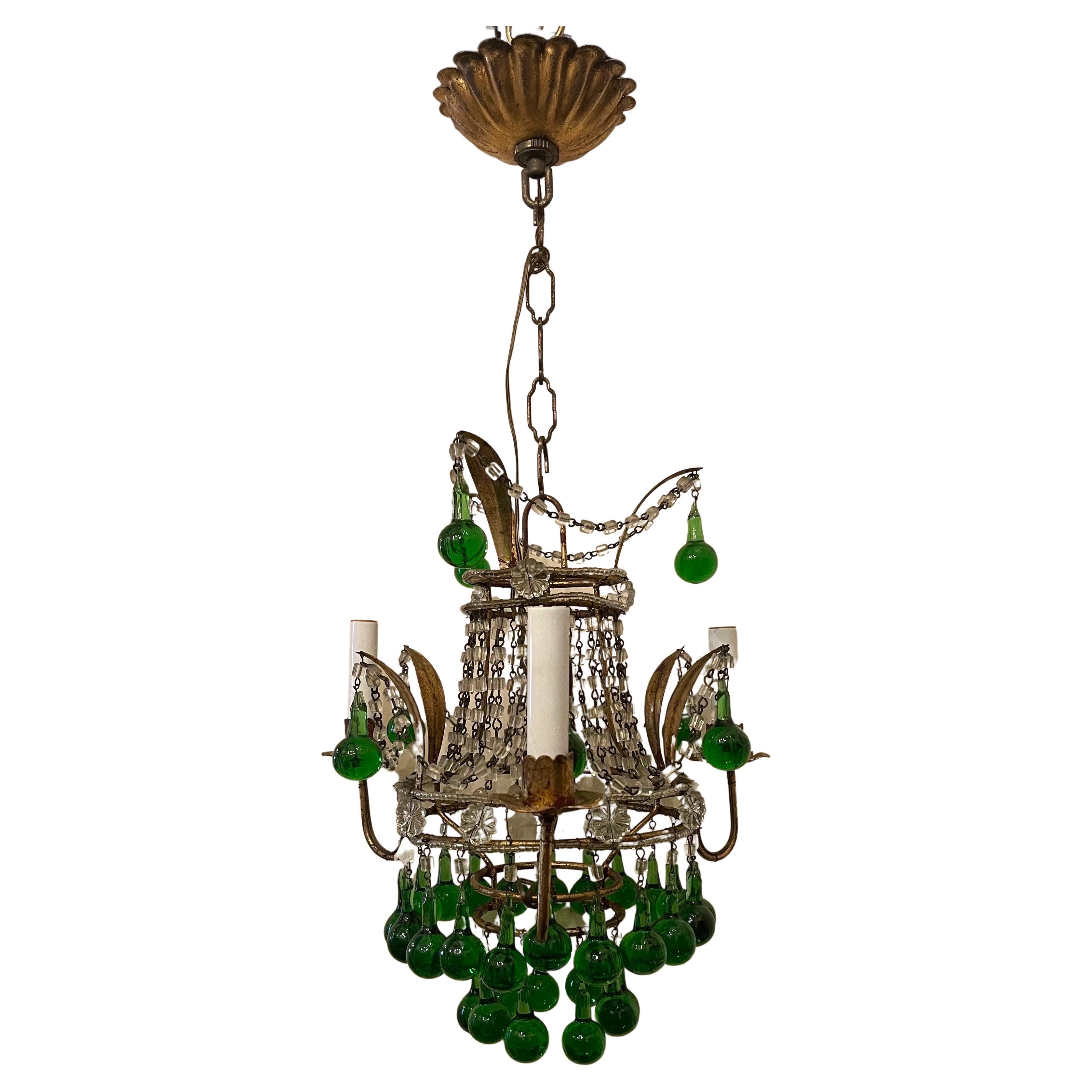 Wonderful Crystal Beaded Emerald Green Italian Petite Chandelier Fixture For Sale