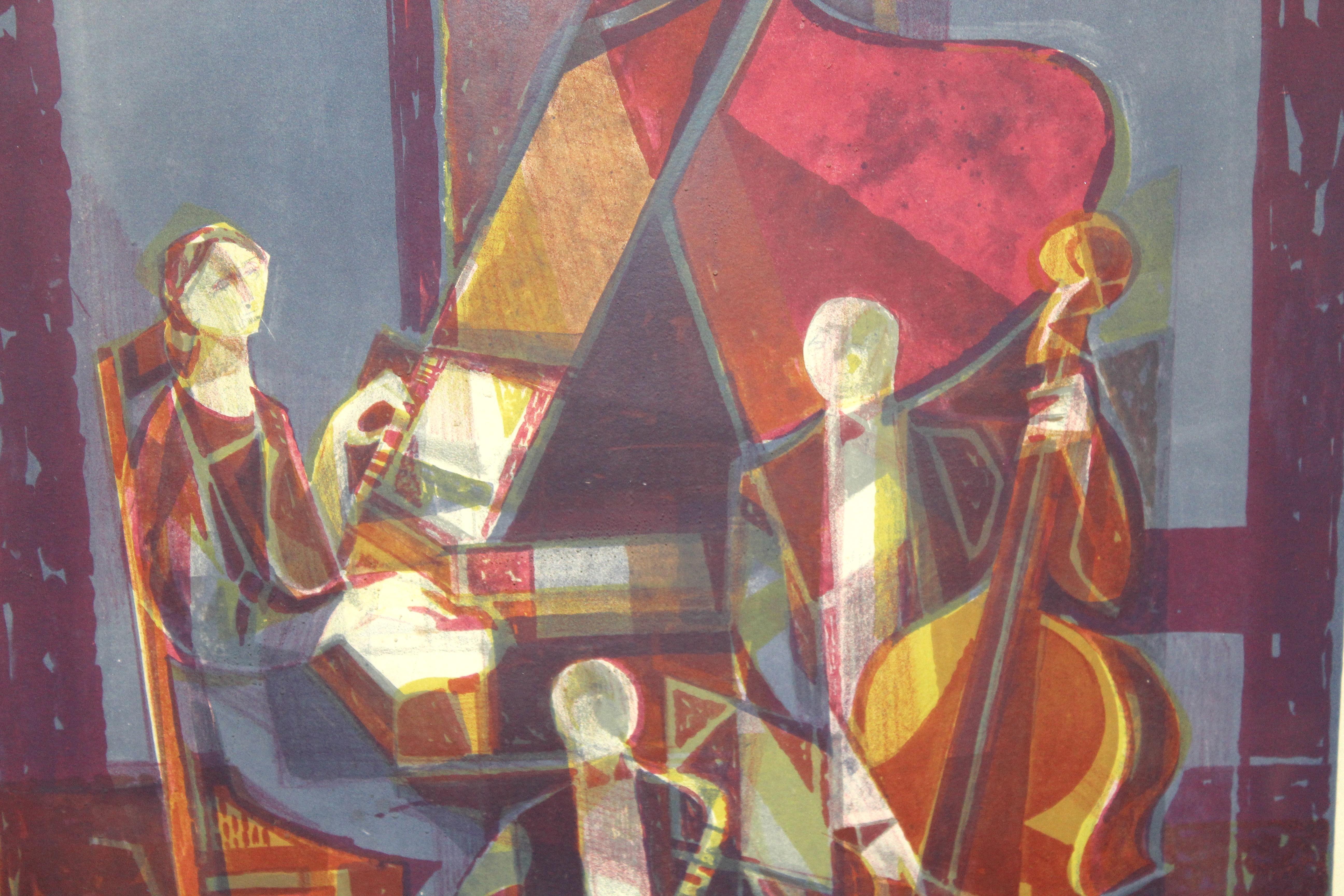 Auffälliger Druck aus der Mitte des Jahrhunderts im kubistischen Stil, der Jazzmusiker in kühnen geometrischen Formen und mit rhythmischer Energie darstellt. Diese seltene Ausgabe ist die Nummer 13 von nur 30 gedruckten Exemplaren, was sie zu einem