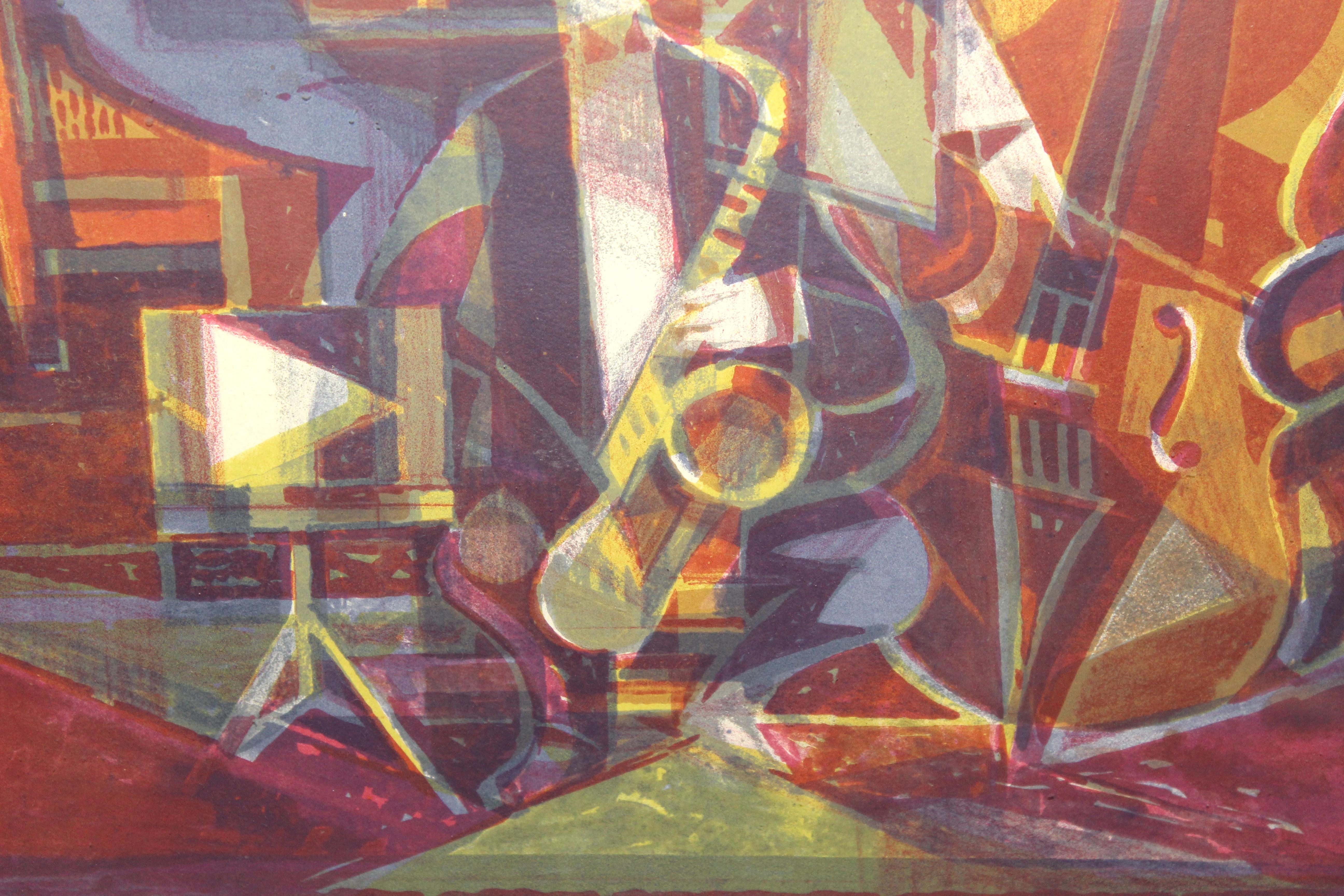 Wunderbarer kubistischer Druck von Jazzspielern im Zustand „Gut“ im Angebot in Brooklyn, NY