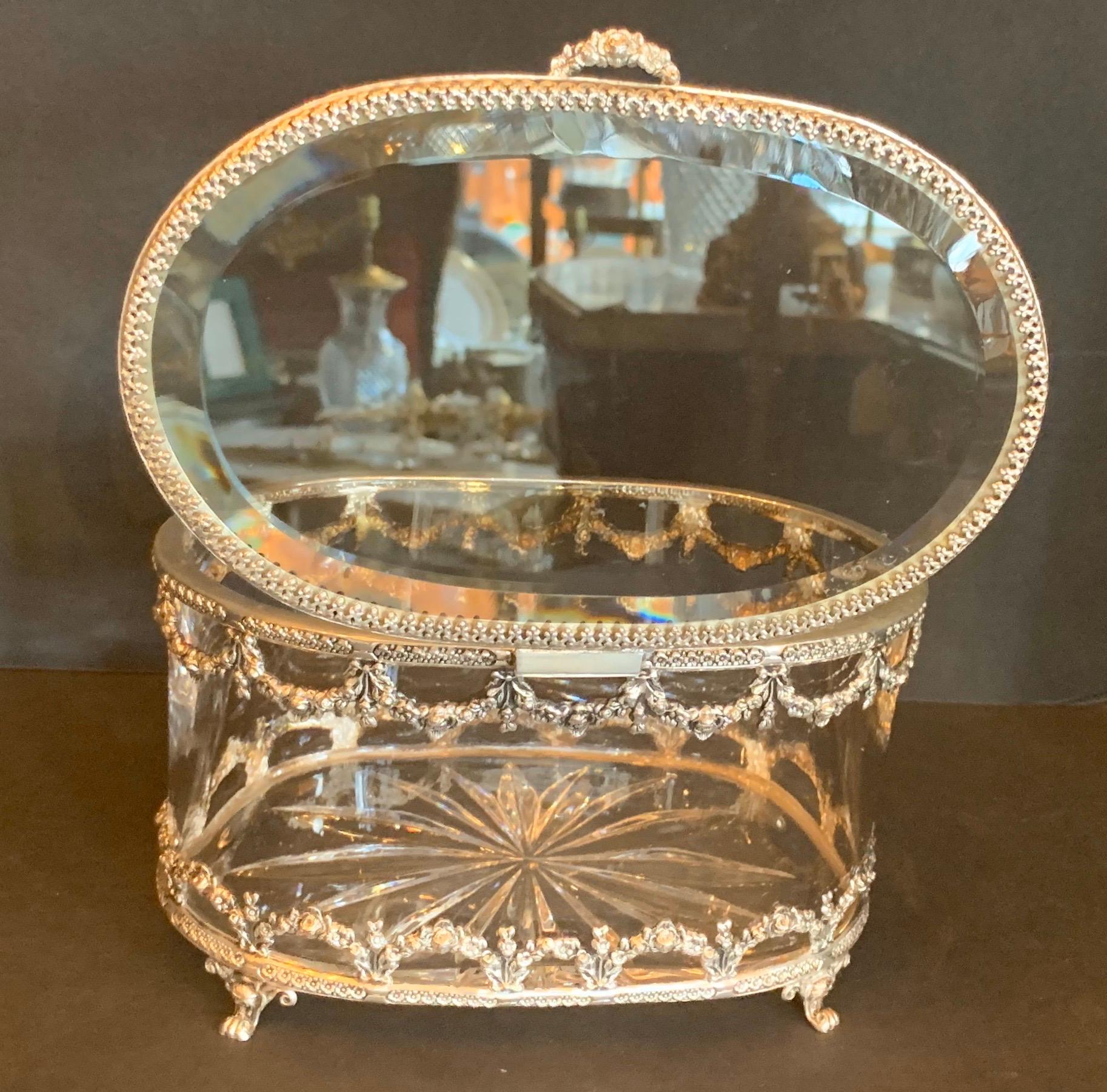 Belle Époque Wonderful Cut Crystal Glass Sterling Swag Oval Casket Vanity Dresser Jewelry Box For Sale