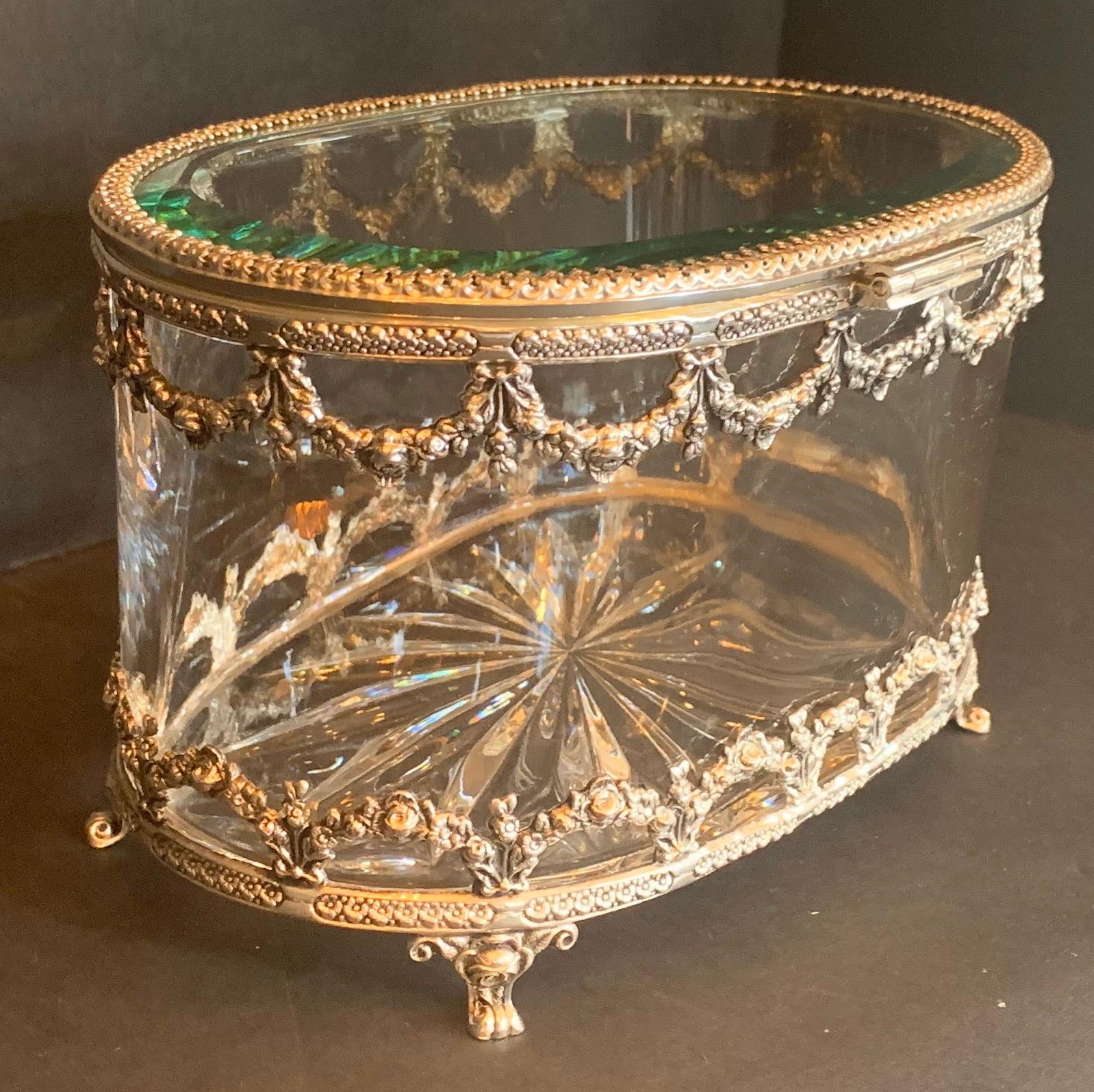 Portuguese Wonderful Cut Crystal Glass Sterling Swag Oval Casket Vanity Dresser Jewelry Box For Sale
