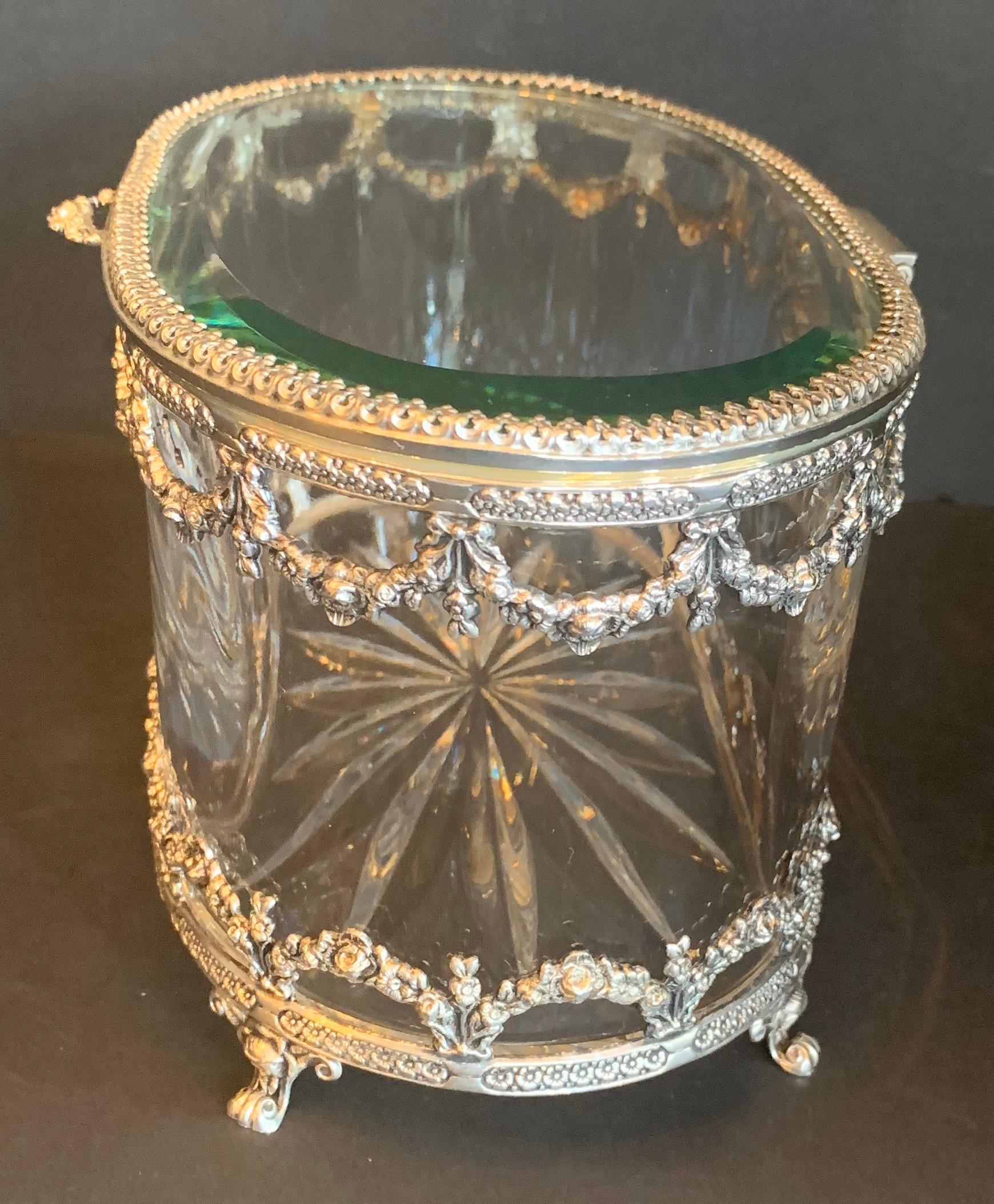 Beveled Wonderful Cut Crystal Glass Sterling Swag Oval Casket Vanity Dresser Jewelry Box For Sale